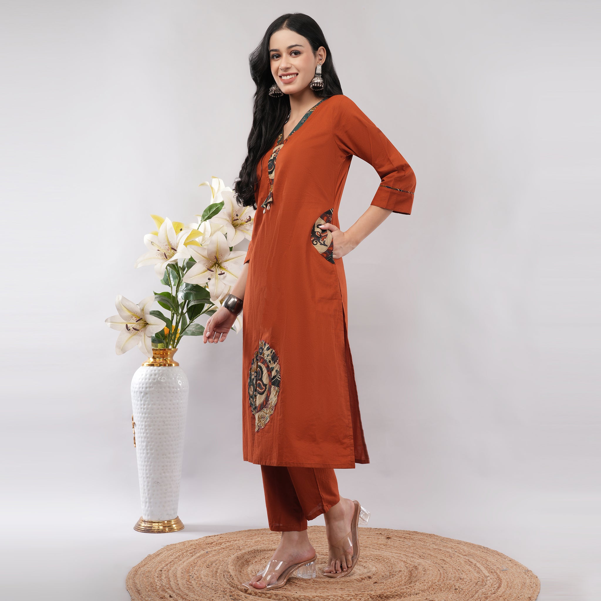 Orange Cotton Peacock Printed Kurta Pant Dupatta Set – Handcrafted Ethnic Wear | Amarcharkha

