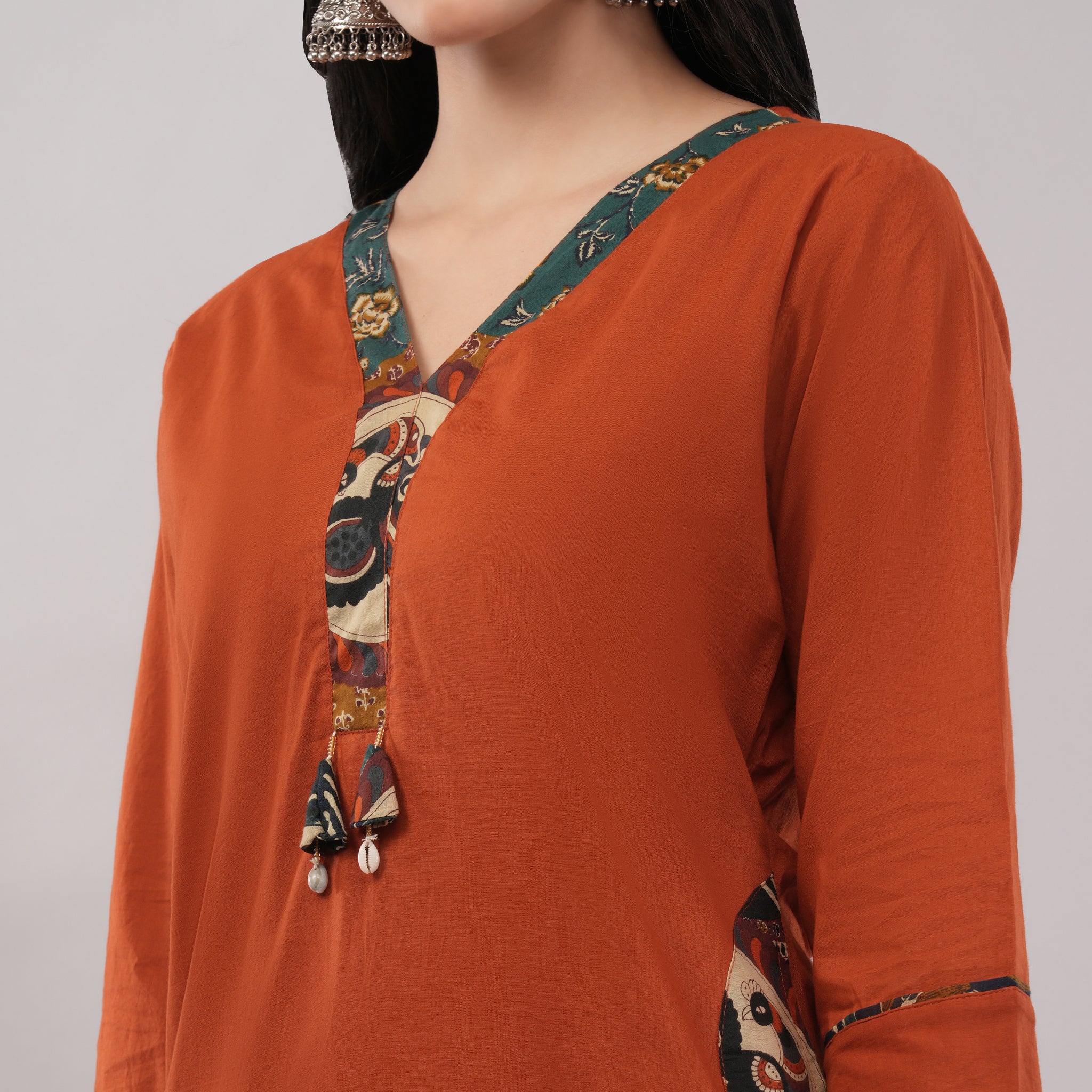 Orange Cotton Peacock Printed Kurta Pant Dupatta Set – Handcrafted Ethnic Wear | Amarcharkha

