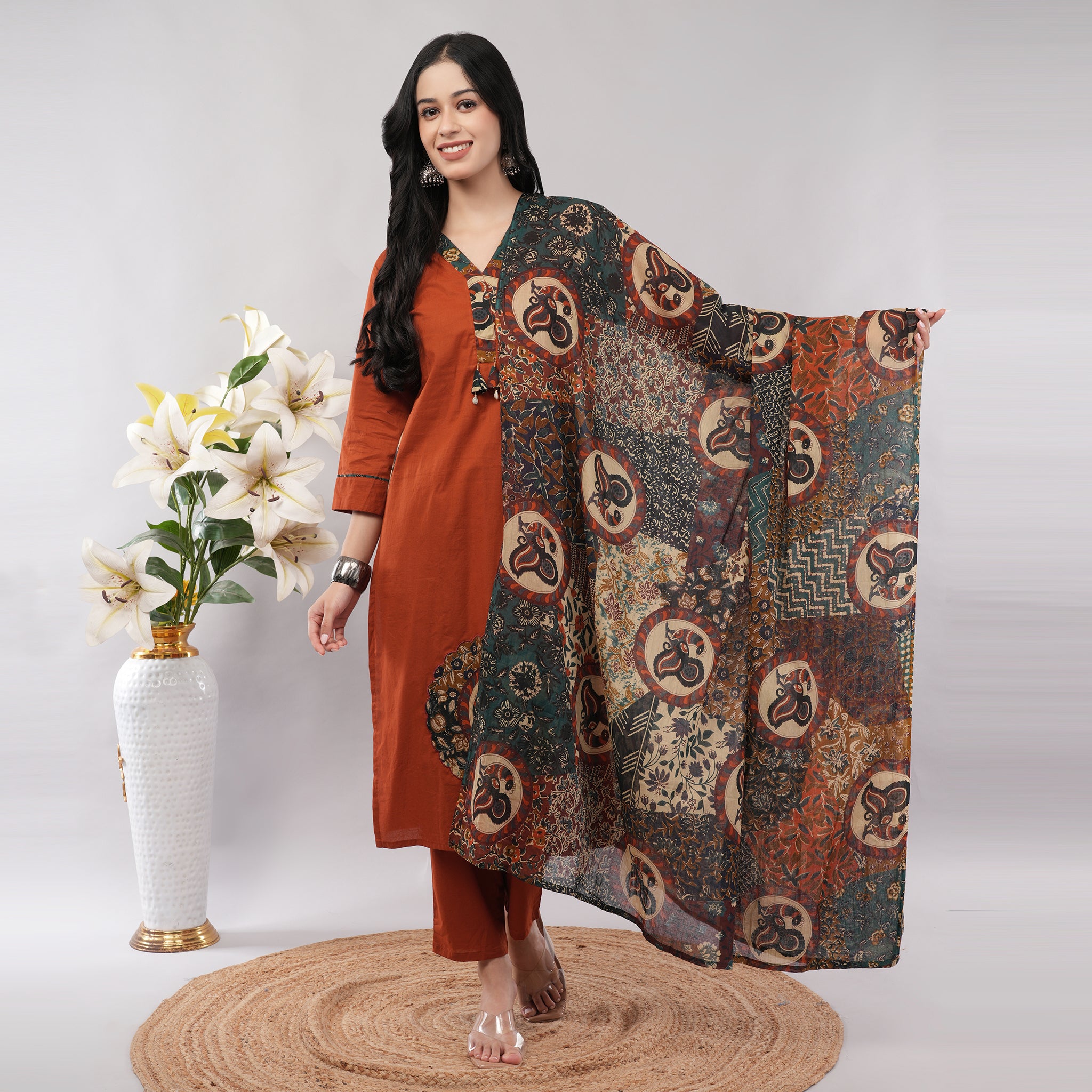Orange Cotton Peacock Printed Kurta Pant Dupatta Set – Handcrafted Ethnic Wear | Amarcharkha

