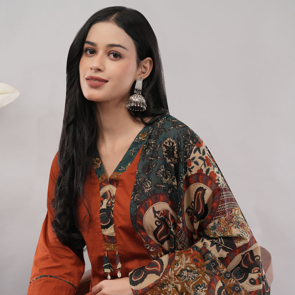 Orange Cotton Peacock Printed Kurta Pant Dupatta Set – Handcrafted Ethnic Wear | Amarcharkha

