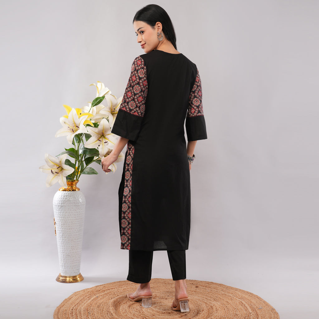 100% Cotton Black Kantha Printed Long Kurta Pant Dupatta Set – Artisan Handcrafted Indian Ethnic Wear for Women | Amarcharkha