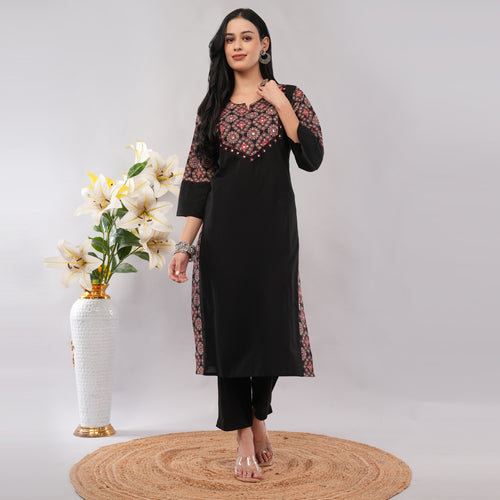 100% Cotton Black Kantha Printed Long Kurta Pant Dupatta Set – Artisan Handcrafted Indian Ethnic Wear for Women | Amarcharkha