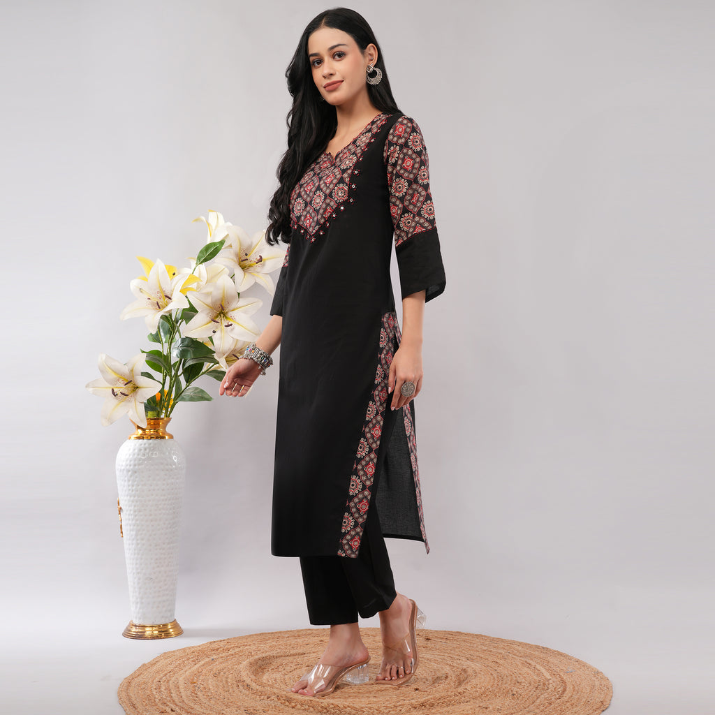 100% Cotton Black Kantha Printed Long Kurta Pant Dupatta Set – Artisan Handcrafted Indian Ethnic Wear for Women | Amarcharkha