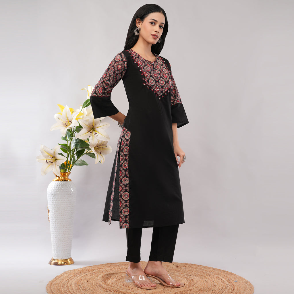100% Cotton Black Kantha Printed Long Kurta Pant Dupatta Set – Artisan Handcrafted Indian Ethnic Wear for Women | Amarcharkha