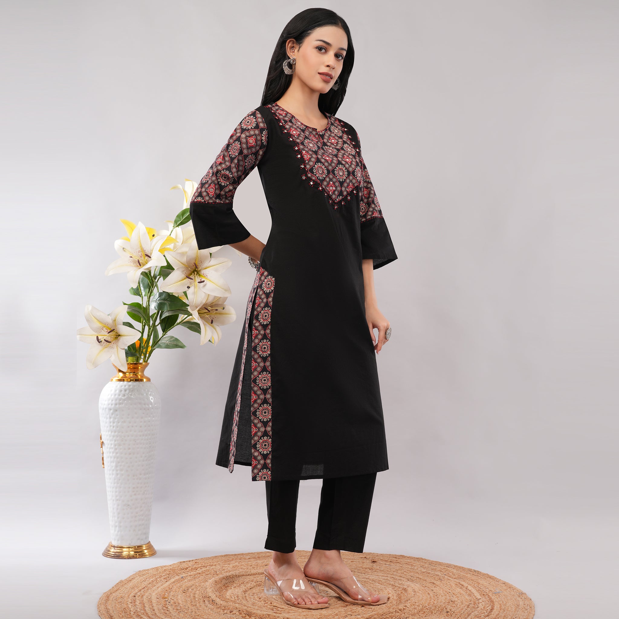100% Cotton Black Kantha Printed Long Kurta Pant Dupatta Set – Artisan Handcrafted Indian Ethnic Wear for Women | Amarcharkha