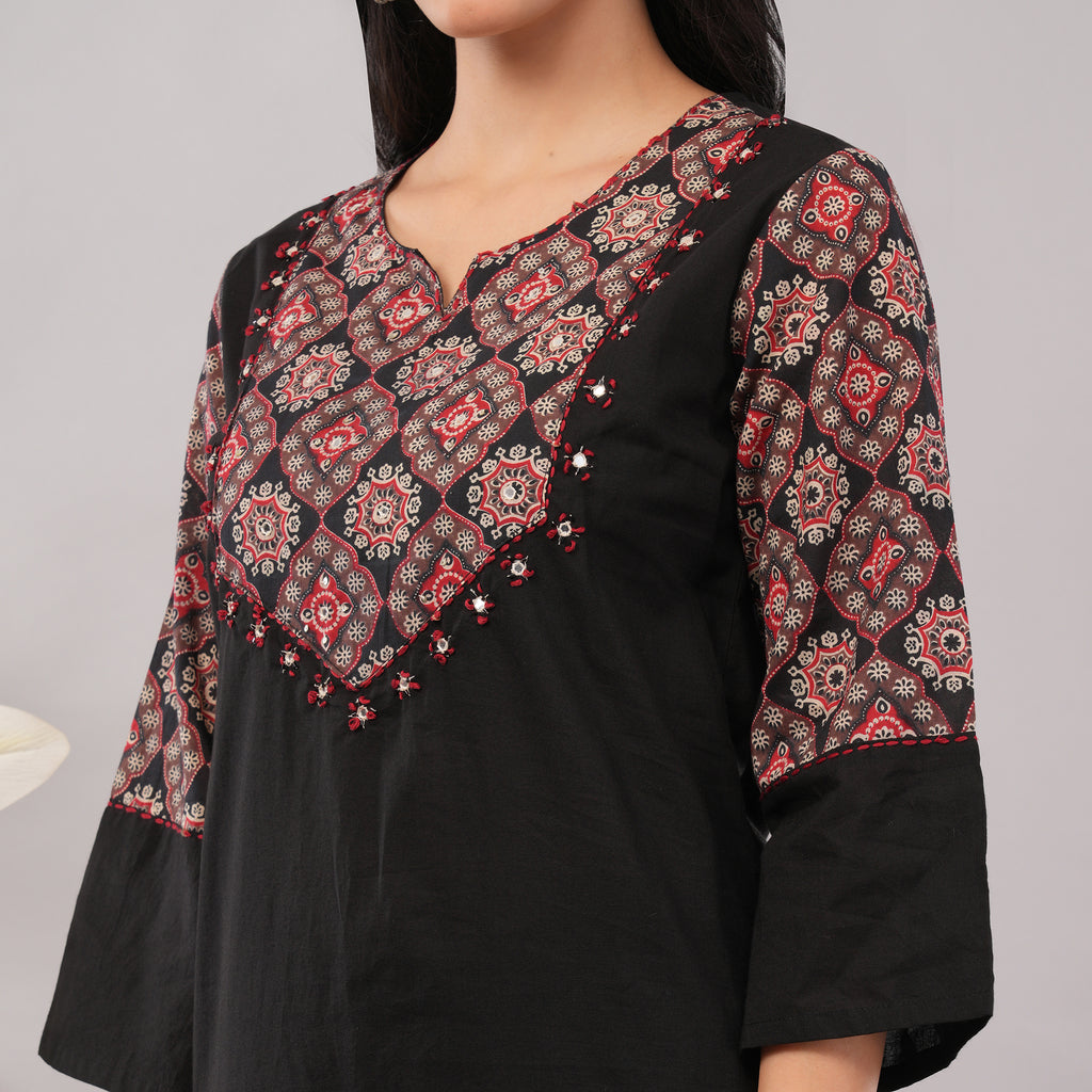 100% Cotton Black Kantha Printed Long Kurta Pant Dupatta Set – Artisan Handcrafted Indian Ethnic Wear for Women | Amarcharkha