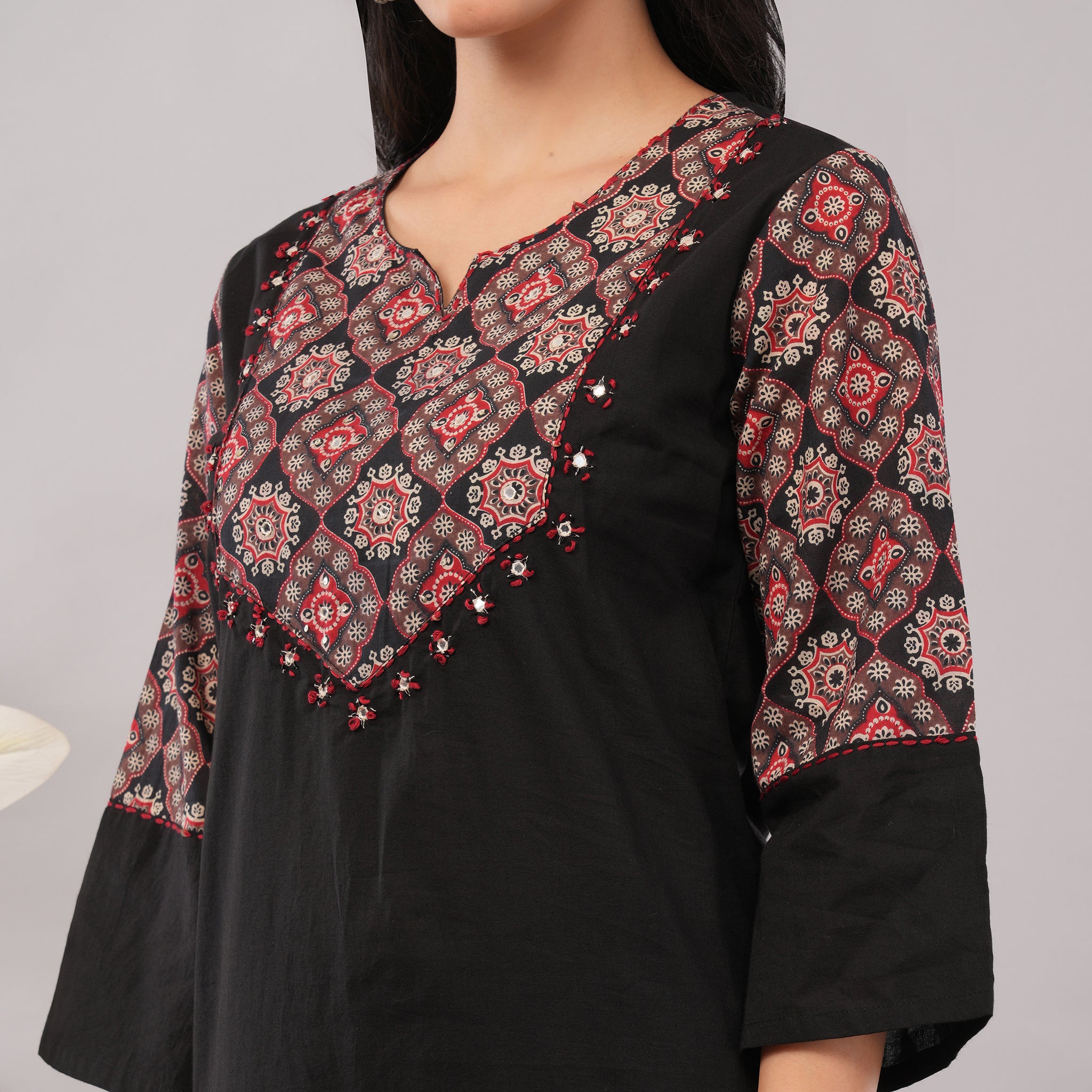 100% Cotton Black Kantha Printed Long Kurta Pant Dupatta Set – Artisan Handcrafted Indian Ethnic Wear for Women | Amarcharkha