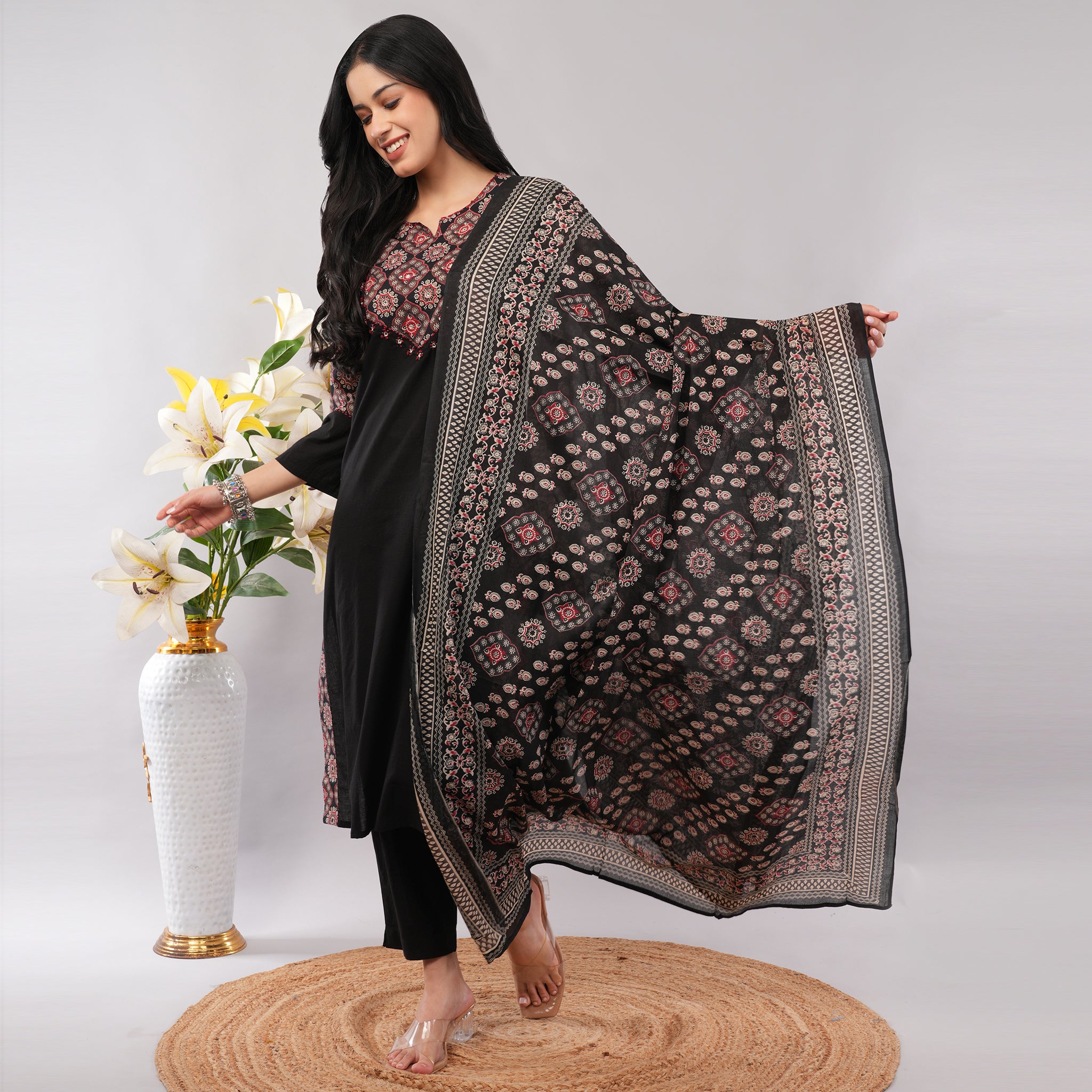 100% Cotton Black Kantha Printed Long Kurta Pant Dupatta Set – Artisan Handcrafted Indian Ethnic Wear for Women | Amarcharkha