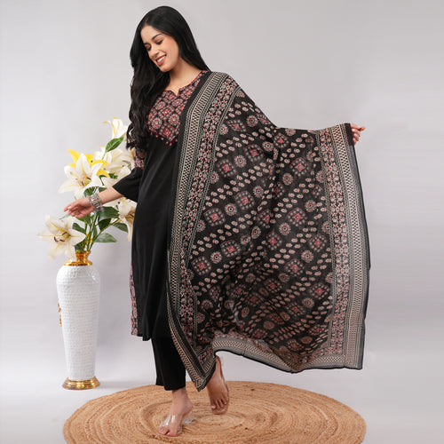 100% Cotton Black Kantha Printed Long Kurta Pant Dupatta Set – Artisan Handcrafted Indian Ethnic Wear for Women | Amarcharkha