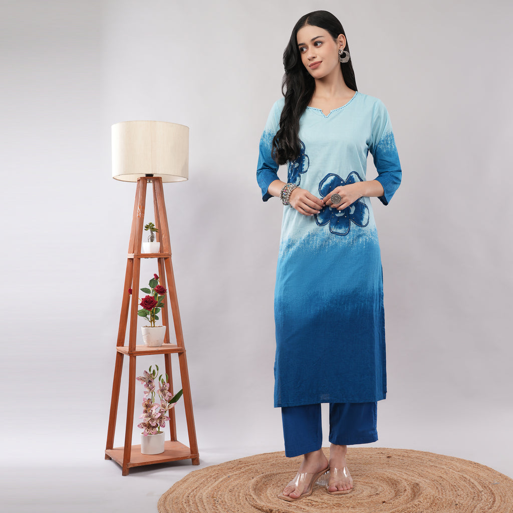 Blue Cotton Shibori Tie-Dye Ombre Kurta Pant Dupatta Set – Traditional Hand-Dyed Indian Ethnic Wear | Amarcharkha