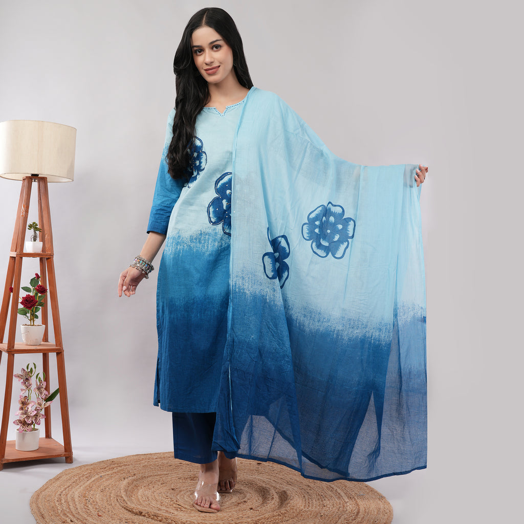 Blue Cotton Shibori Tie-Dye Ombre Kurta Pant Dupatta Set – Traditional Hand-Dyed Indian Ethnic Wear | Amarcharkha