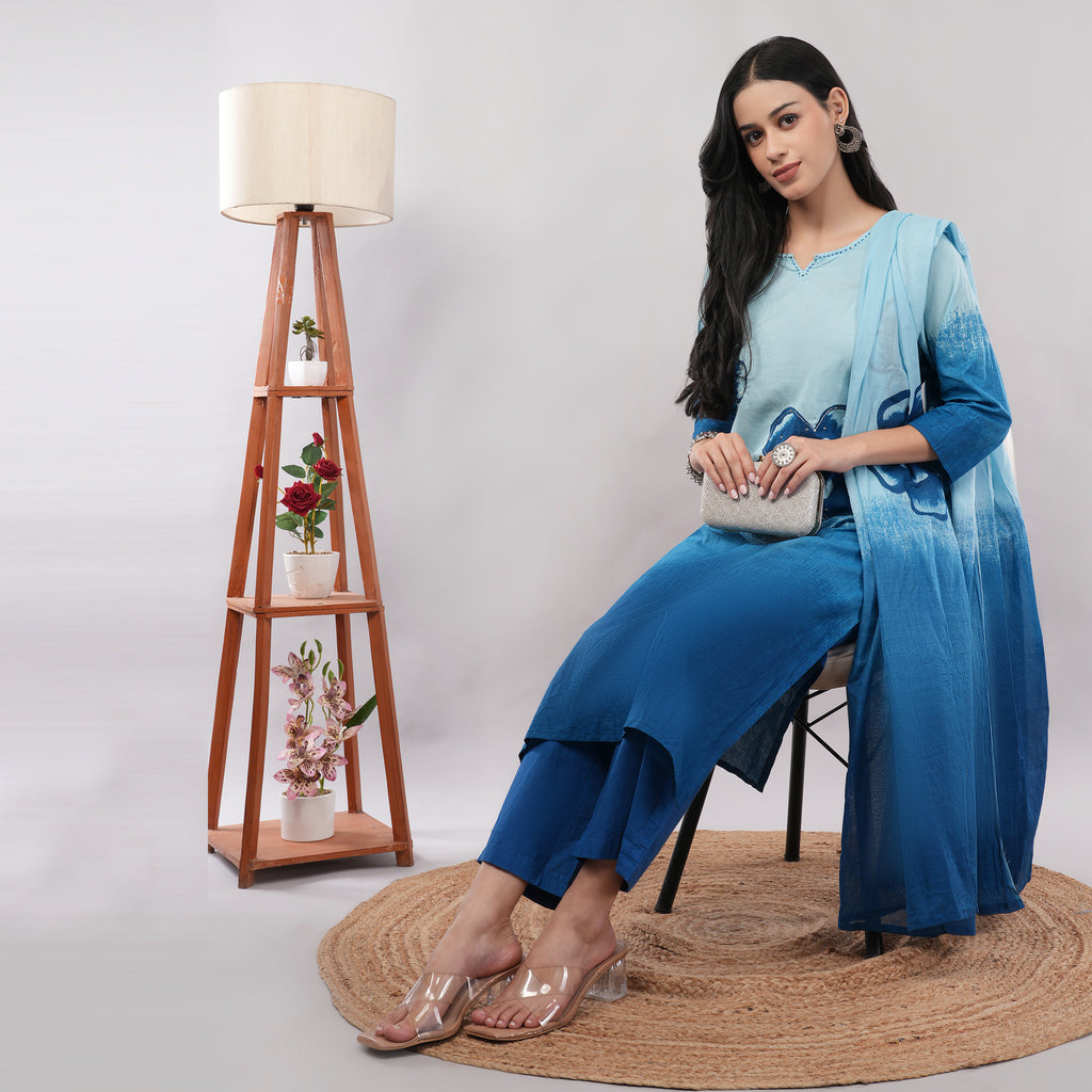Blue Cotton Shibori Tie-Dye Ombre Kurta Pant Dupatta Set – Traditional Hand-Dyed Indian Ethnic Wear | Amarcharkha