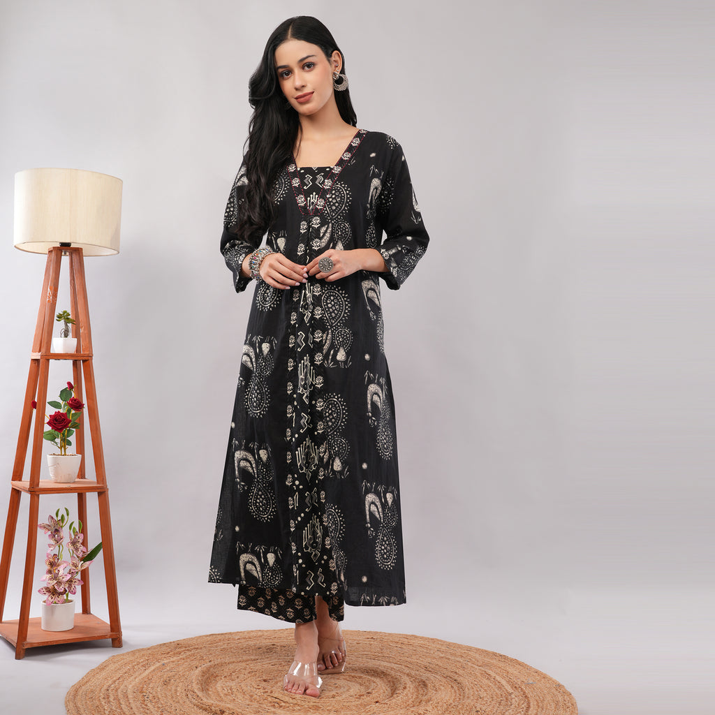 Black Cotton Kantha Block Printed Kurta Pant Dupatta Set – Heritage Handcrafted Ethnic Wear for Women | Amarcharkha

