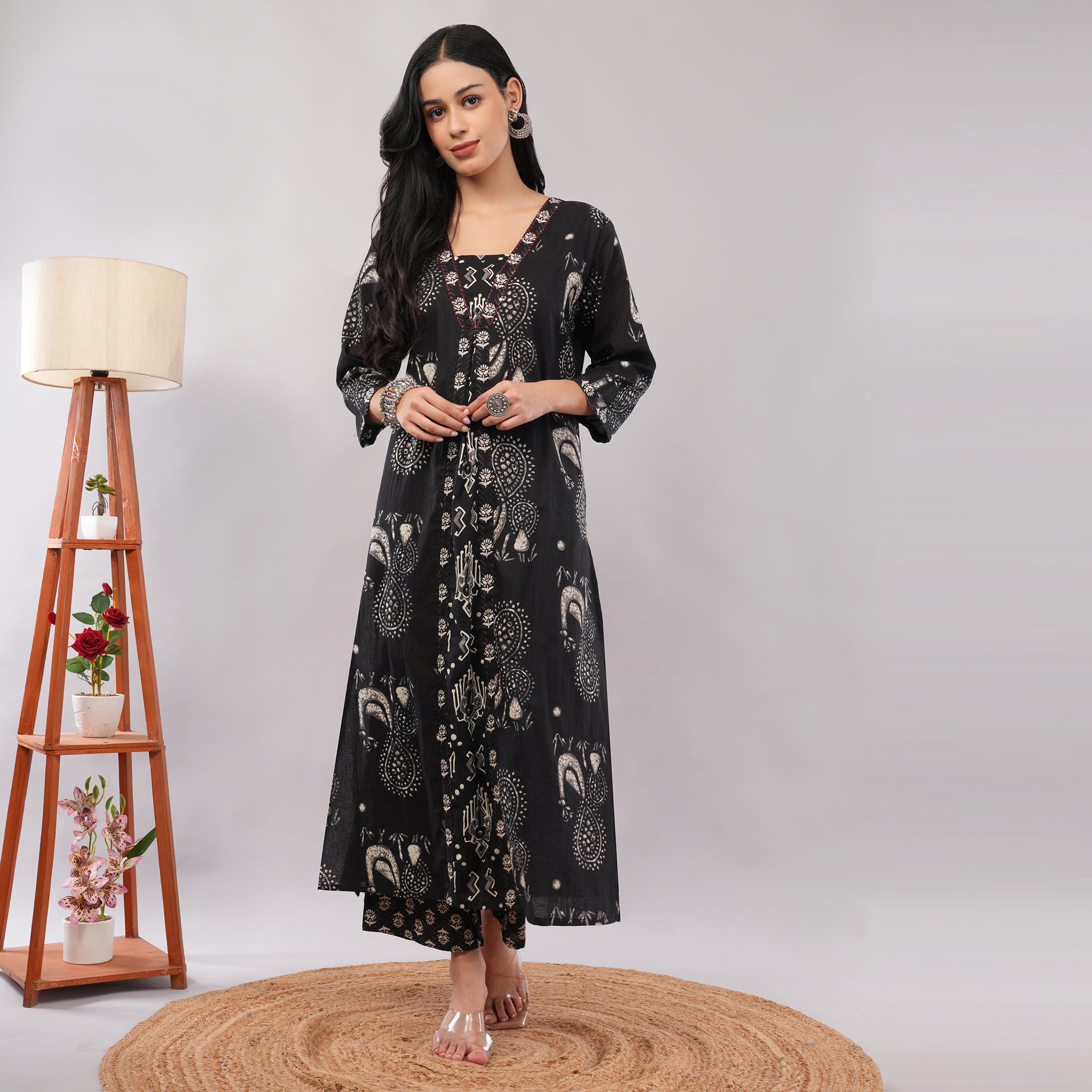 Black Cotton Kantha Block Printed Kurta Pant Dupatta Set – Heritage Handcrafted Ethnic Wear for Women | Amarcharkha

