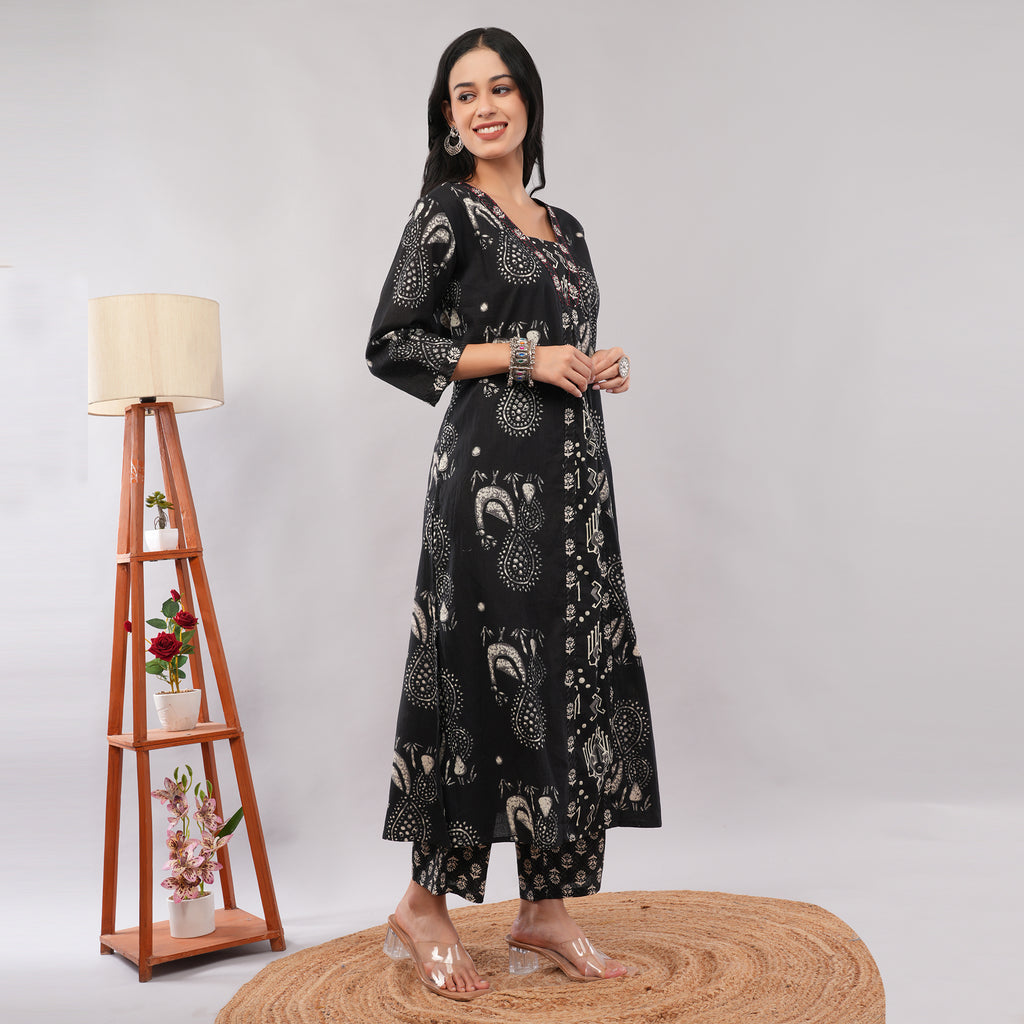 Black Cotton Kantha Block Printed Kurta Pant Dupatta Set – Heritage Handcrafted Ethnic Wear for Women | Amarcharkha

