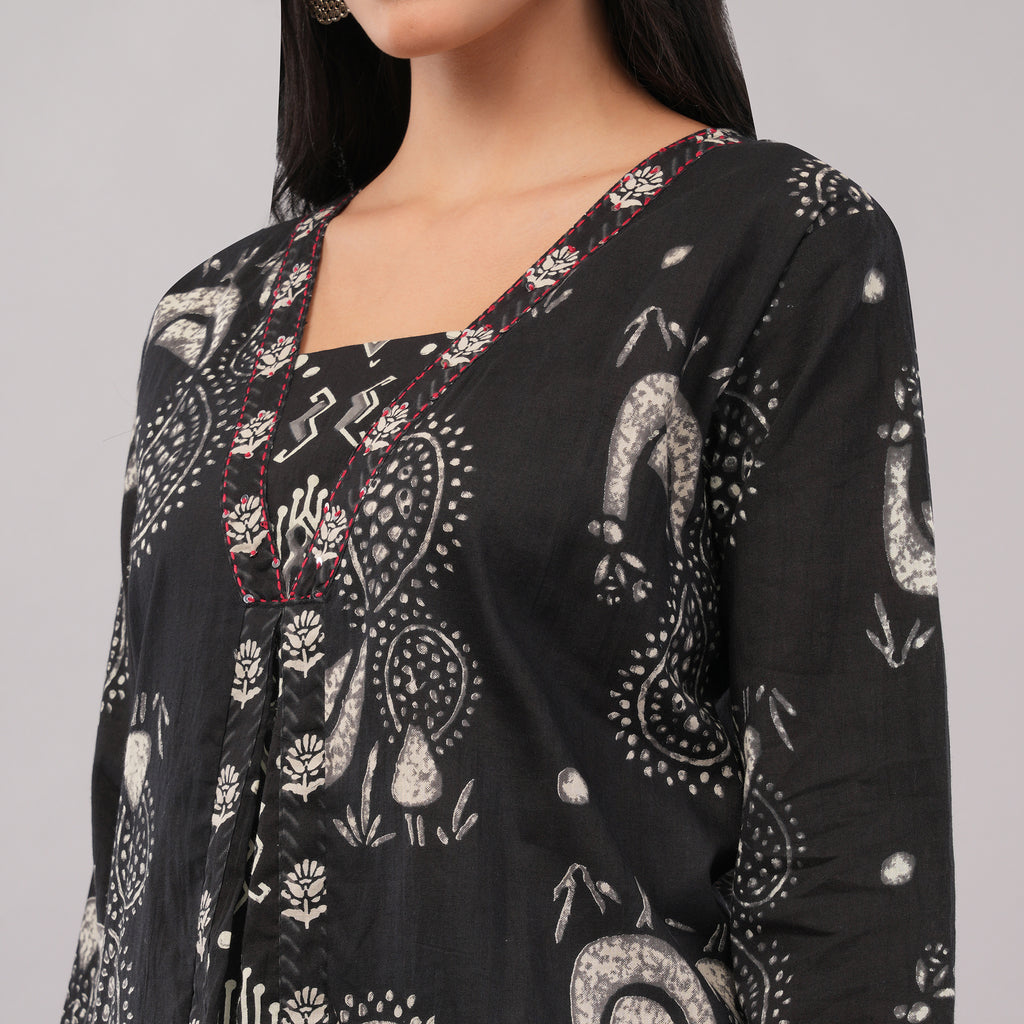 Black Cotton Kantha Block Printed Kurta Pant Dupatta Set – Heritage Handcrafted Ethnic Wear for Women | Amarcharkha

