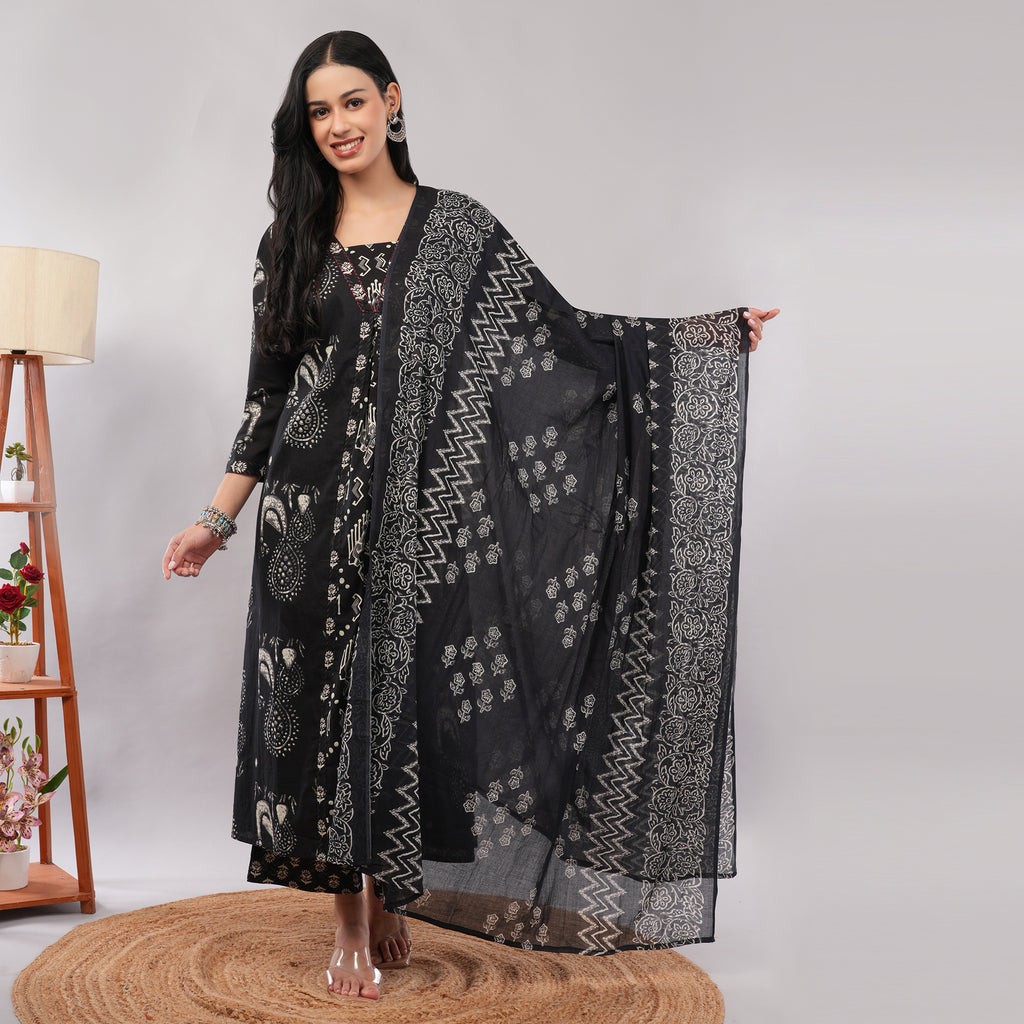 Black Cotton Kantha Block Printed Kurta Pant Dupatta Set – Heritage Handcrafted Ethnic Wear for Women | Amarcharkha

