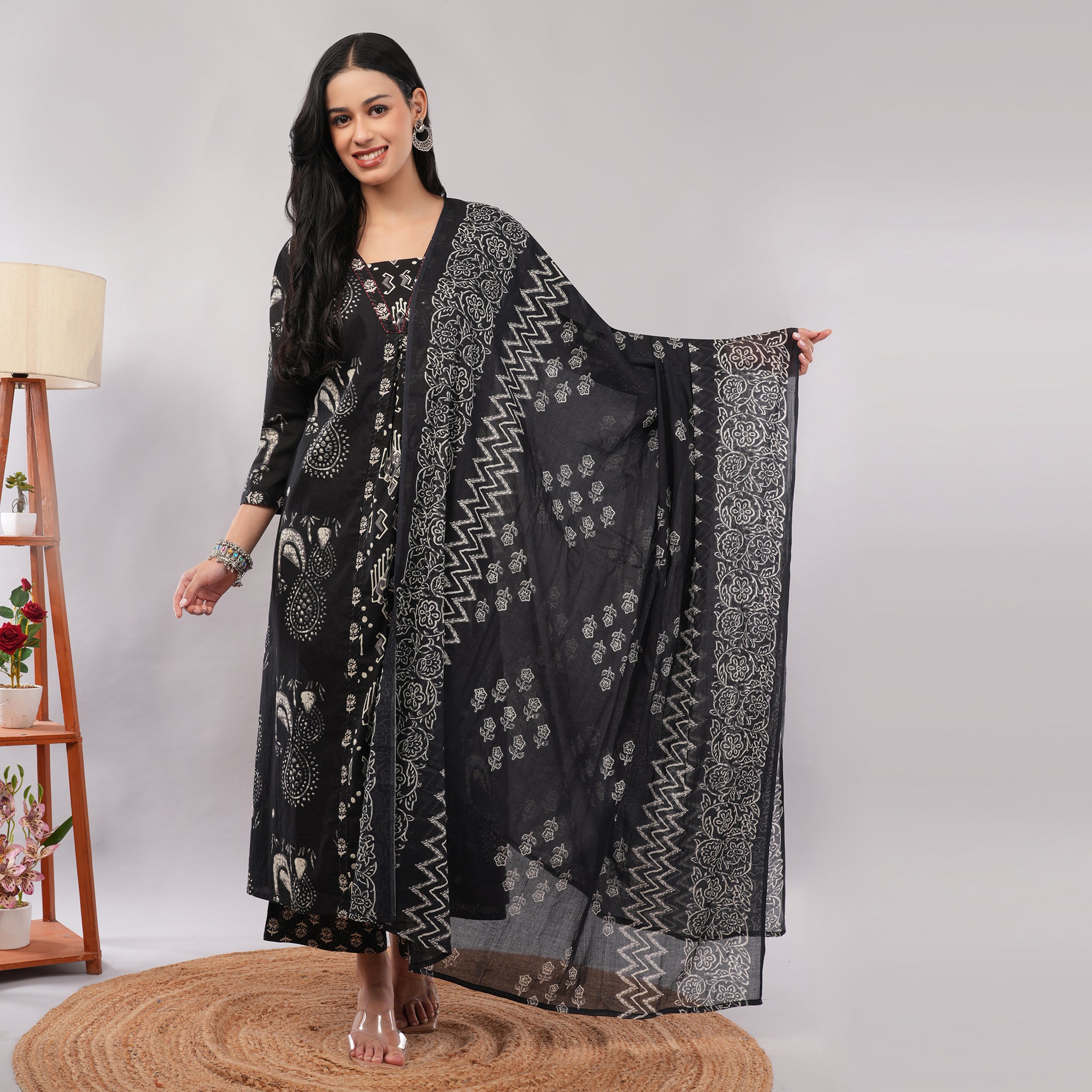 Black Cotton Kantha Block Printed Kurta Pant Dupatta Set – Heritage Handcrafted Ethnic Wear for Women | Amarcharkha

