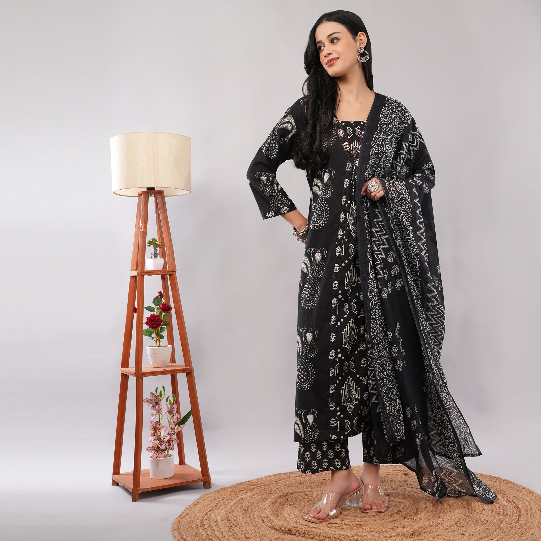 Black Cotton Kantha Block Printed Kurta Pant Dupatta Set – Heritage Handcrafted Ethnic Wear for Women | Amarcharkha

