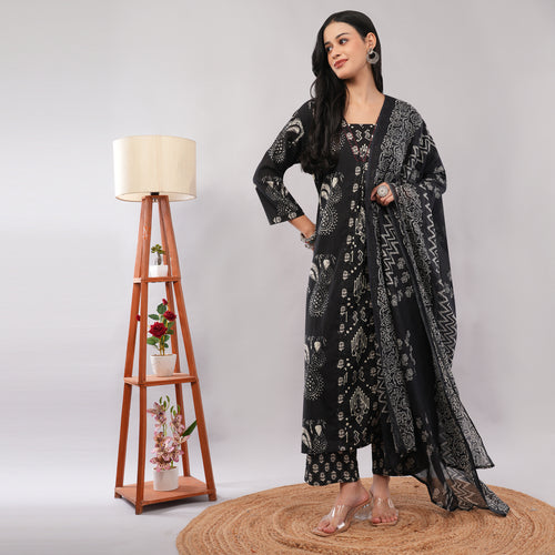 Black Cotton Kantha Block Printed Kurta Pant Dupatta Set – Heritage Handcrafted Ethnic Wear for Women | Amarcharkha

