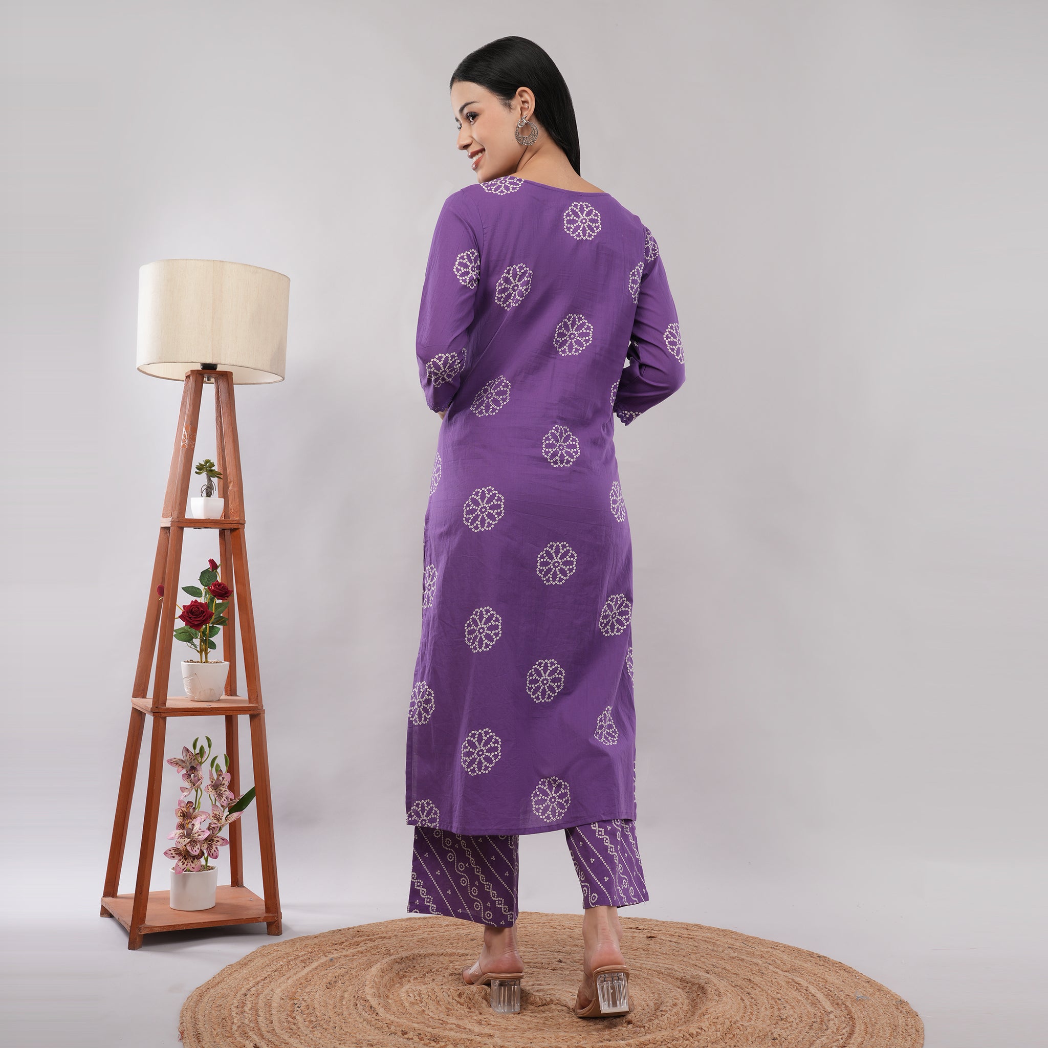 100% Cotton Purple Bandhani Print & Pintuck Detailing Kurta Pant Dupatta Set – Artisan Crafted Indian Ethnic Wear | Amarcharkha