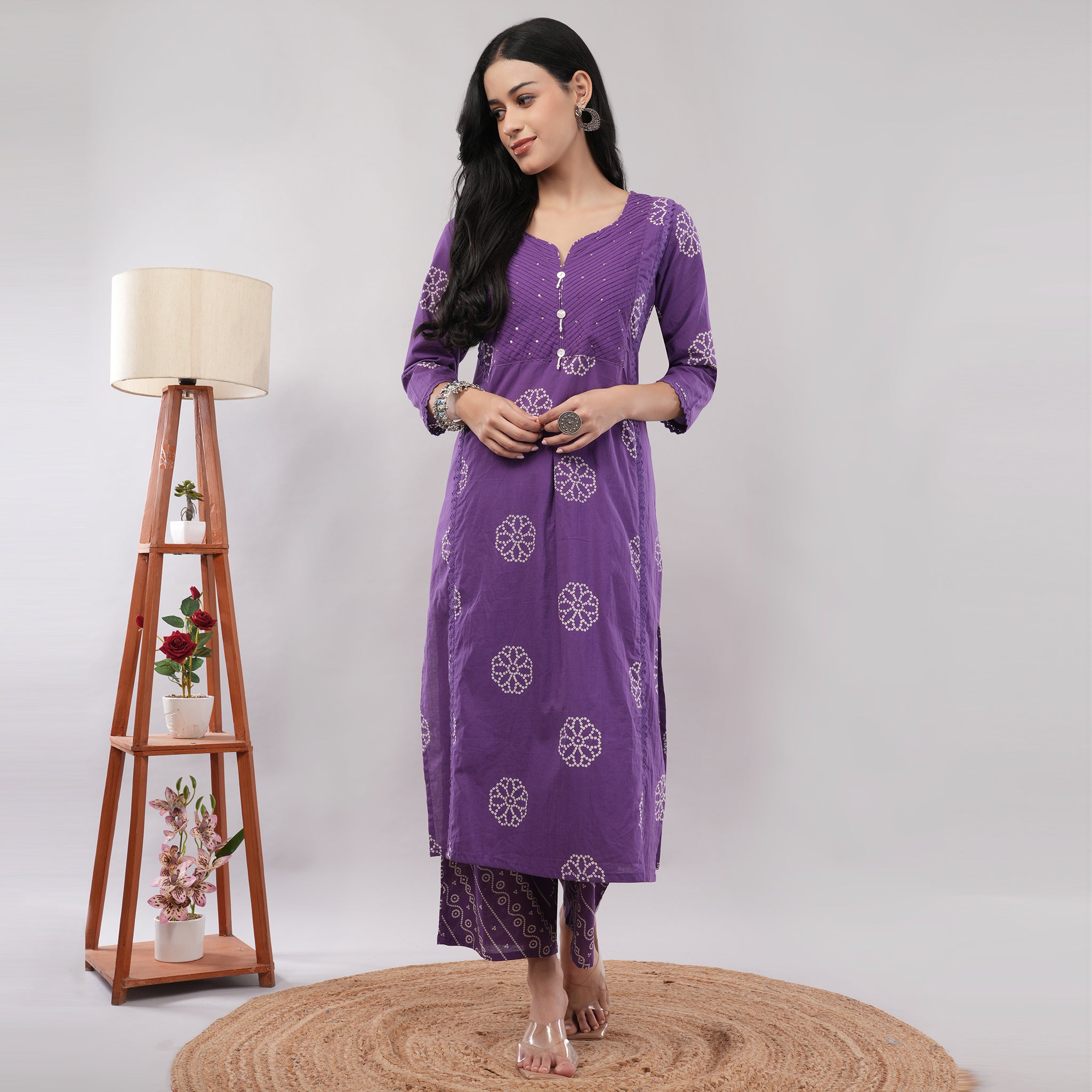 100% Cotton Purple Bandhani Print & Pintuck Detailing Kurta Pant Dupatta Set – Artisan Crafted Indian Ethnic Wear | Amarcharkha