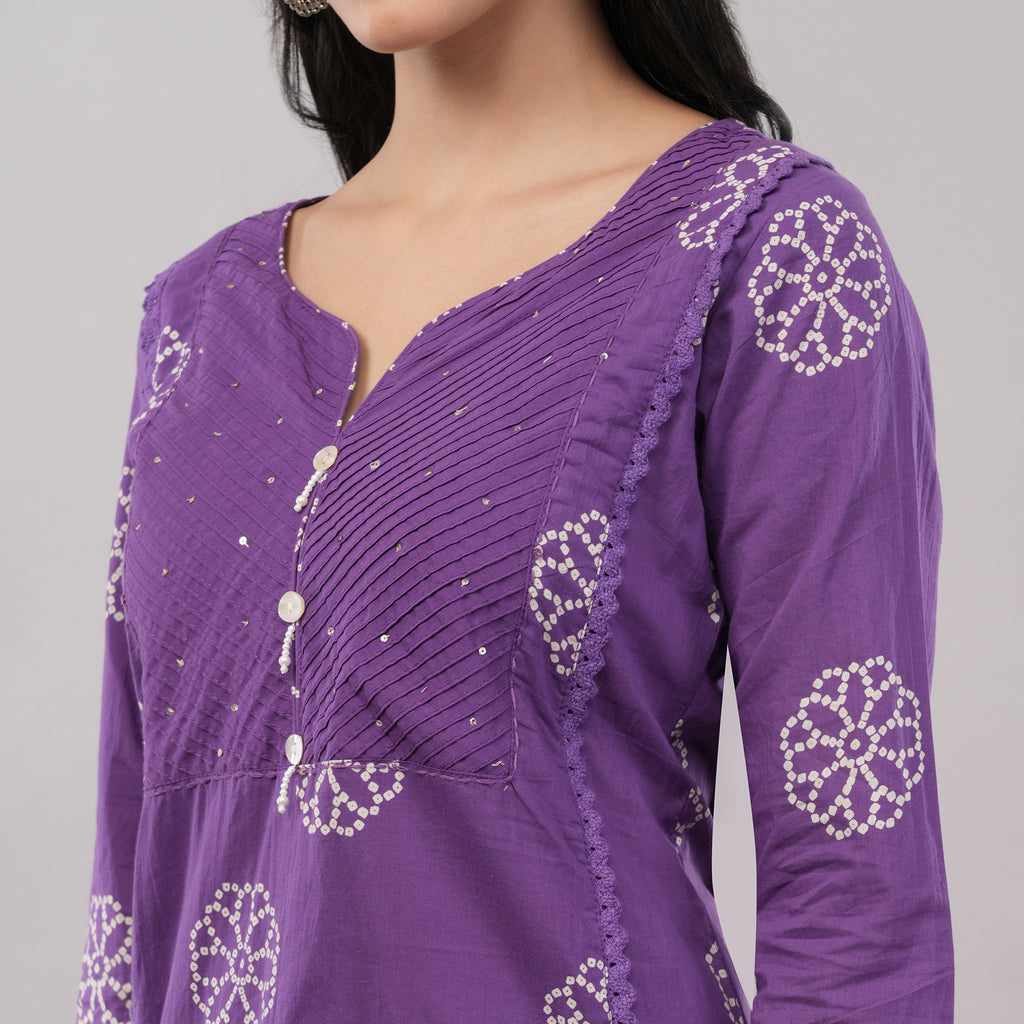 100% Cotton Purple Bandhani Print & Pintuck Detailing Kurta Pant Dupatta Set – Artisan Crafted Indian Ethnic Wear | Amarcharkha