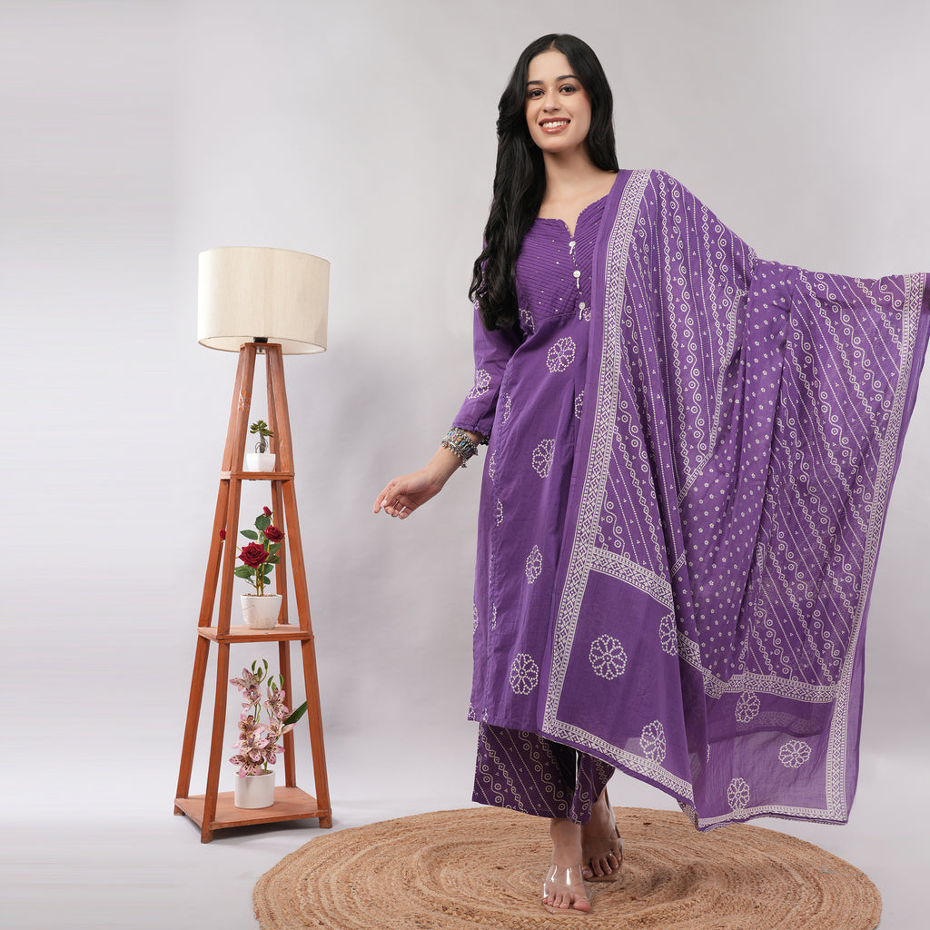 100% Cotton Purple Bandhani Print & Pintuck Detailing Kurta Pant Dupatta Set – Artisan Crafted Indian Ethnic Wear | Amarcharkha