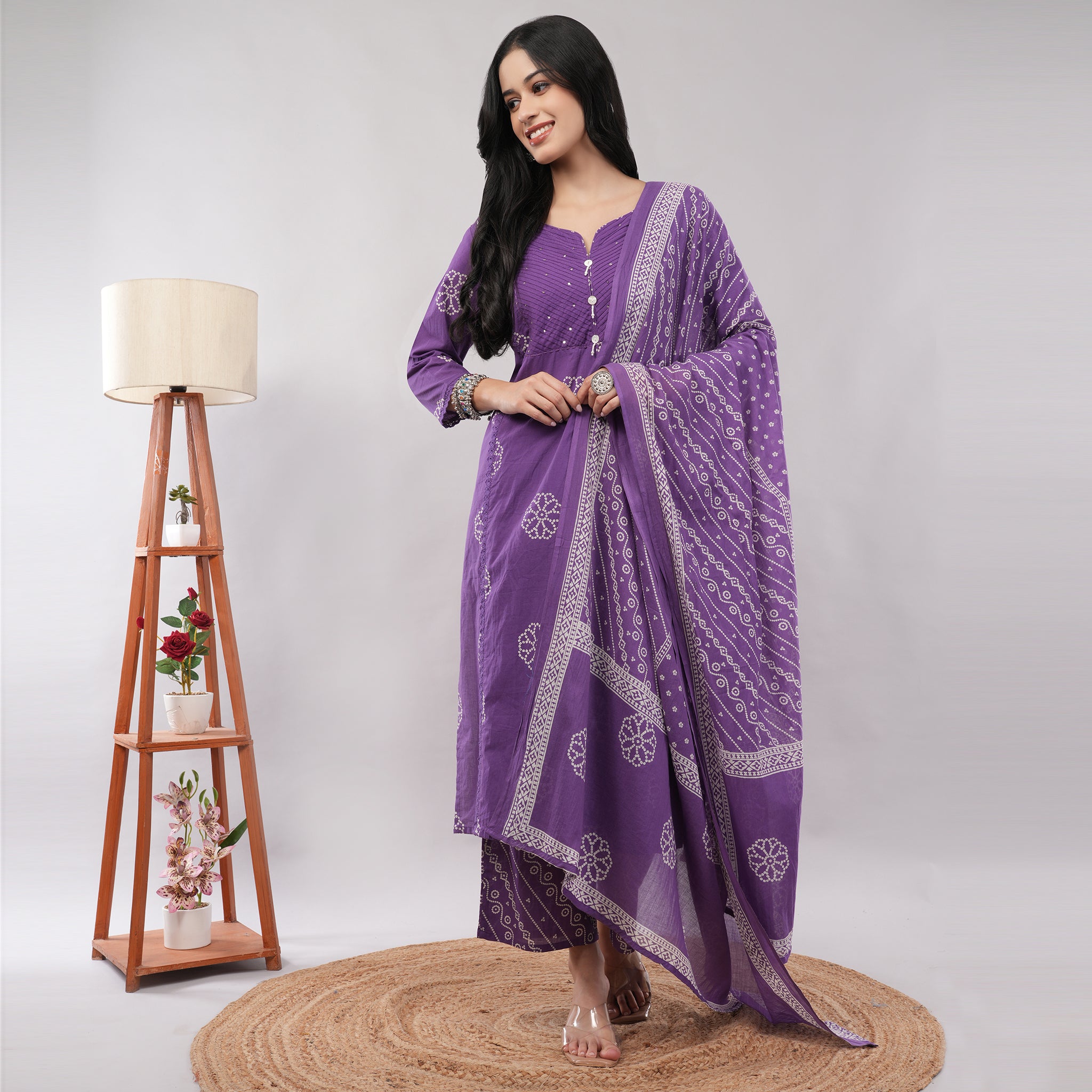 100% Cotton Purple Bandhani Print & Pintuck Detailing Kurta Pant Dupatta Set – Artisan Crafted Indian Ethnic Wear | Amarcharkha