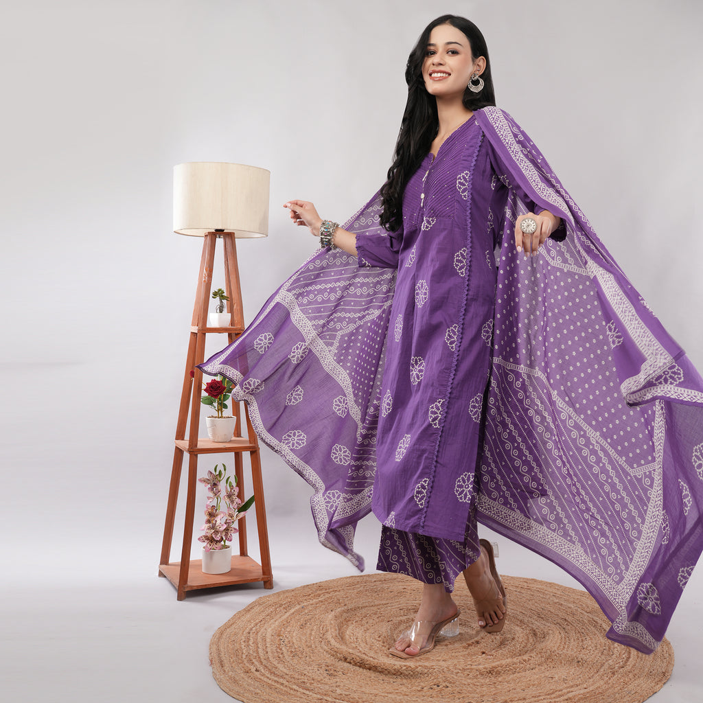 100% Cotton Purple Bandhani Print & Pintuck Detailing Kurta Pant Dupatta Set – Artisan Crafted Indian Ethnic Wear | Amarcharkha