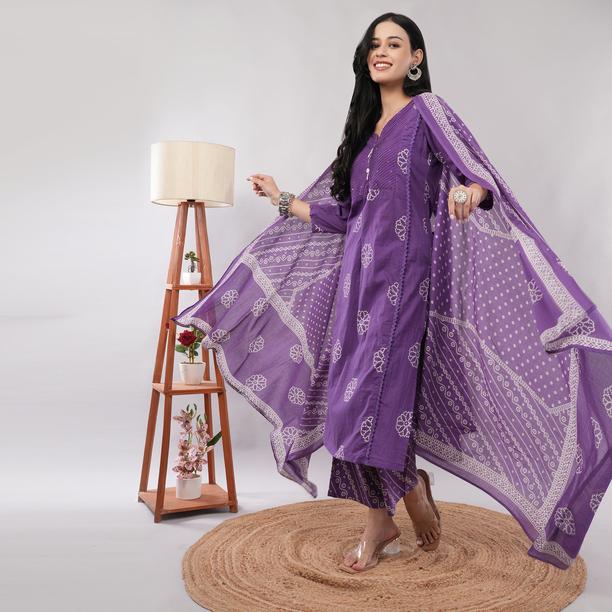 100% Cotton Purple Bandhani Print & Pintuck Detailing Kurta Pant Dupatta Set – Artisan Crafted Indian Ethnic Wear | Amarcharkha