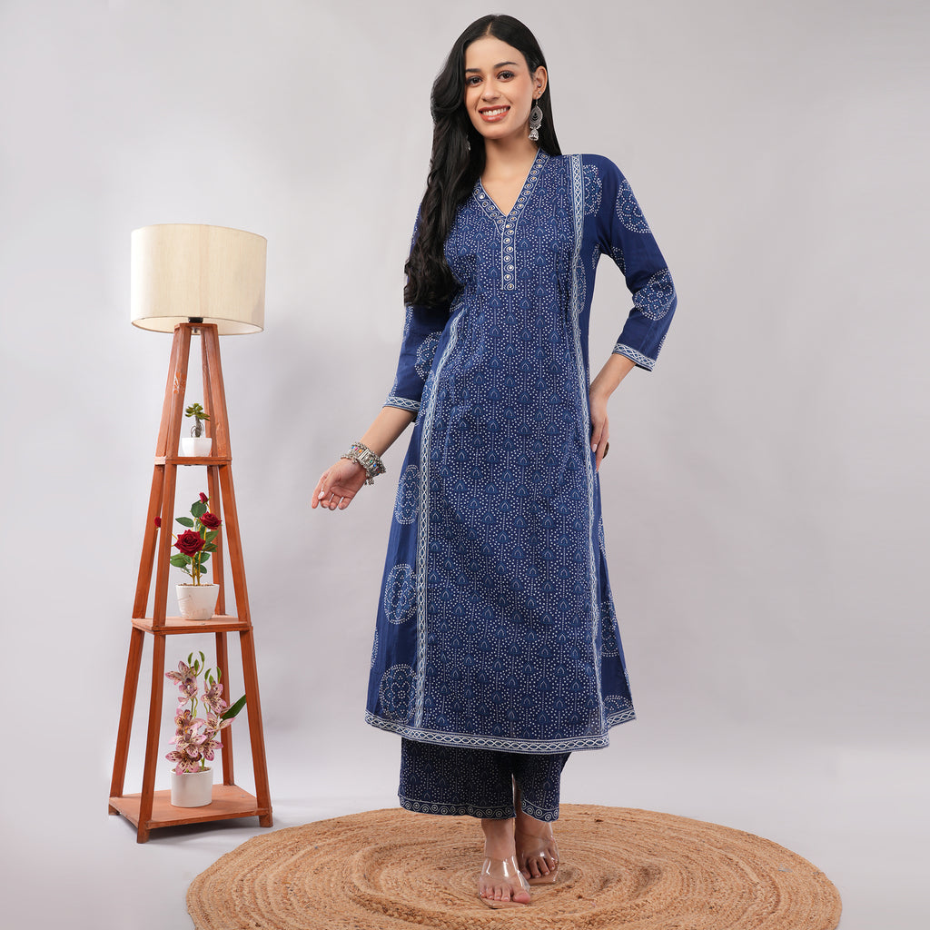 Indigo Cotton Bandhani Tie-Dye A-Line Long Kurta Pant Dupatta Set – Traditional Handcrafted Ethnic Wear | Amarcharkha