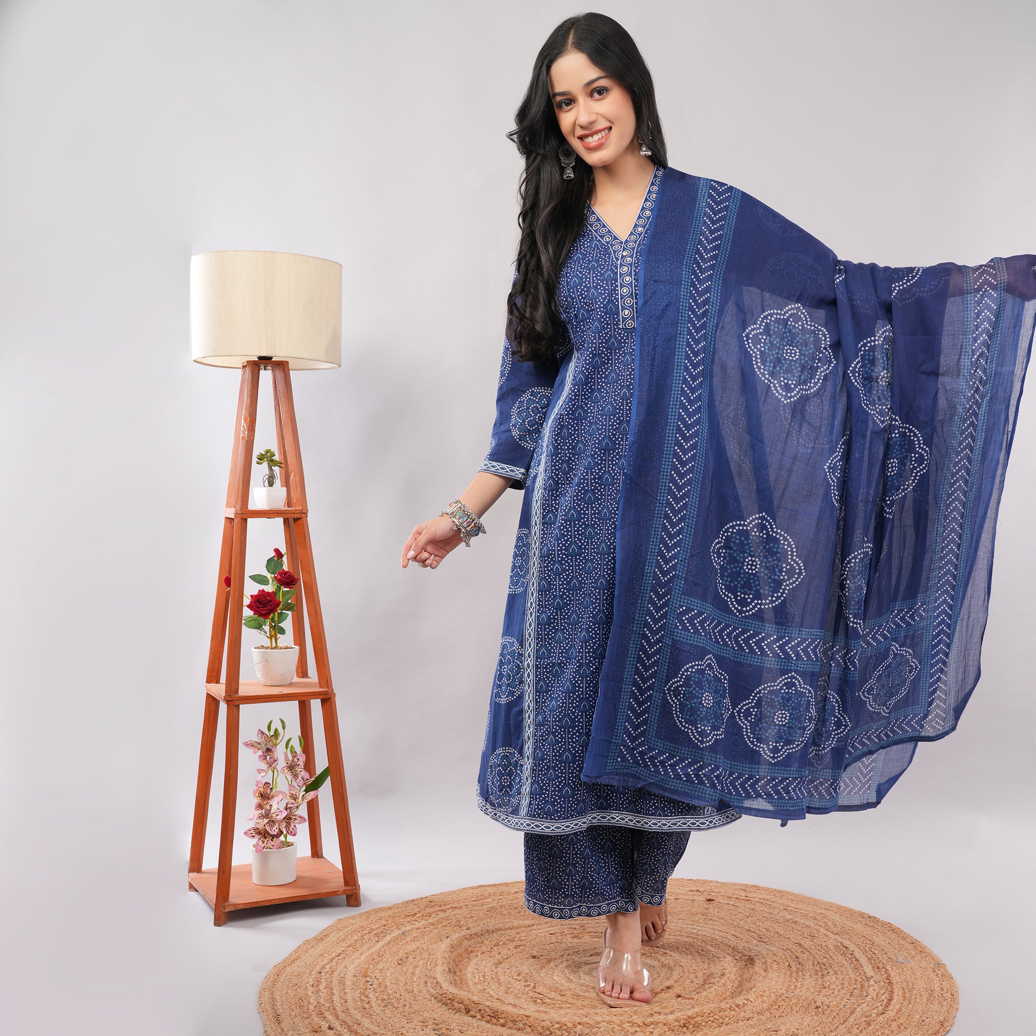 Indigo Cotton Bandhani Tie-Dye A-Line Long Kurta Pant Dupatta Set – Traditional Handcrafted Ethnic Wear | Amarcharkha