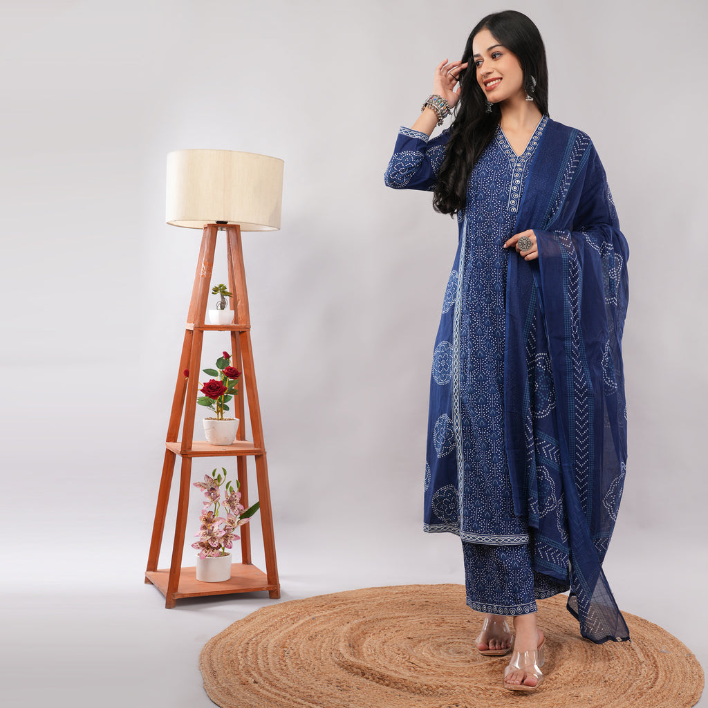Indigo Cotton Bandhani Tie-Dye A-Line Long Kurta Pant Dupatta Set – Traditional Handcrafted Ethnic Wear | Amarcharkha