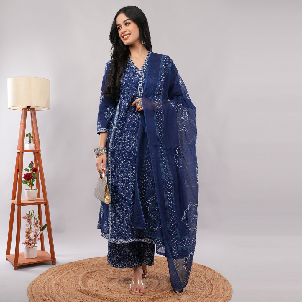 Indigo Cotton Bandhani Tie-Dye A-Line Long Kurta Pant Dupatta Set – Traditional Handcrafted Ethnic Wear | Amarcharkha