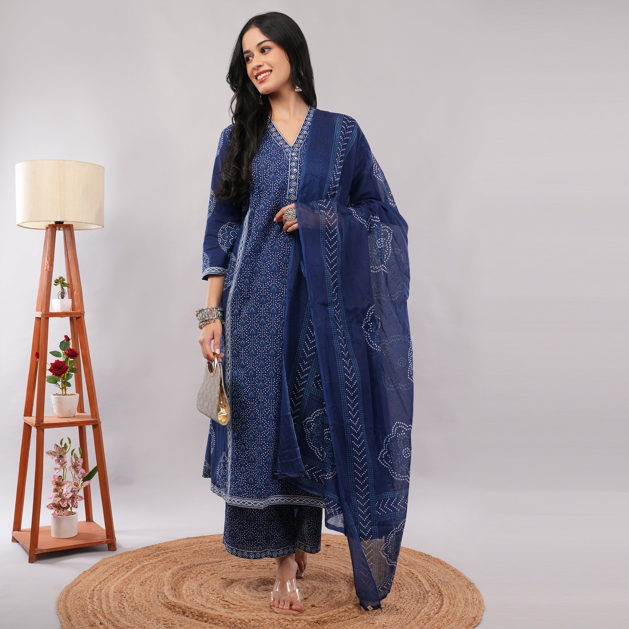 Indigo Cotton Bandhani Tie-Dye A-Line Long Kurta Pant Dupatta Set – Traditional Handcrafted Ethnic Wear | Amarcharkha