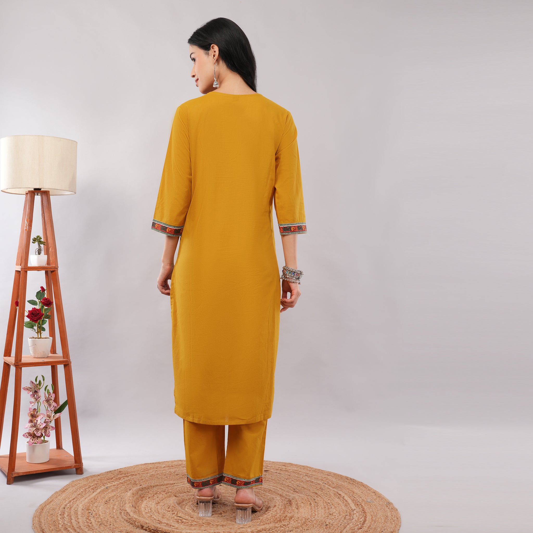 Yellow Cotton Kantha Printed Kurta Pant Dupatta Set – Traditional Ethnic Wear | Amarcharkha