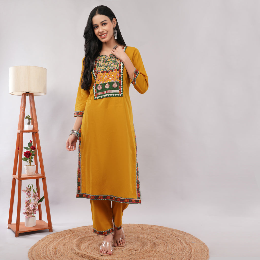 Yellow Cotton Kantha Printed Kurta Pant Dupatta Set – Traditional Ethnic Wear | Amarcharkha