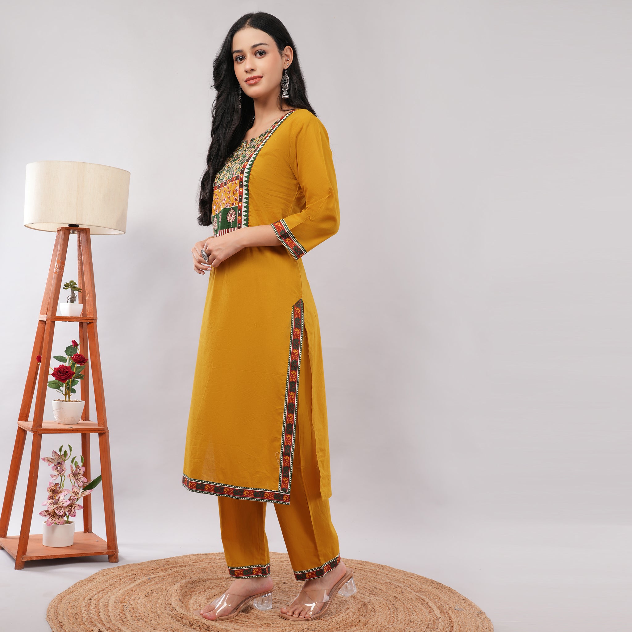 Yellow Cotton Kantha Printed Kurta Pant Dupatta Set – Traditional Ethnic Wear | Amarcharkha