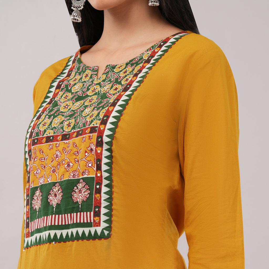Yellow Cotton Kantha Printed Kurta Pant Dupatta Set – Traditional Ethnic Wear | Amarcharkha