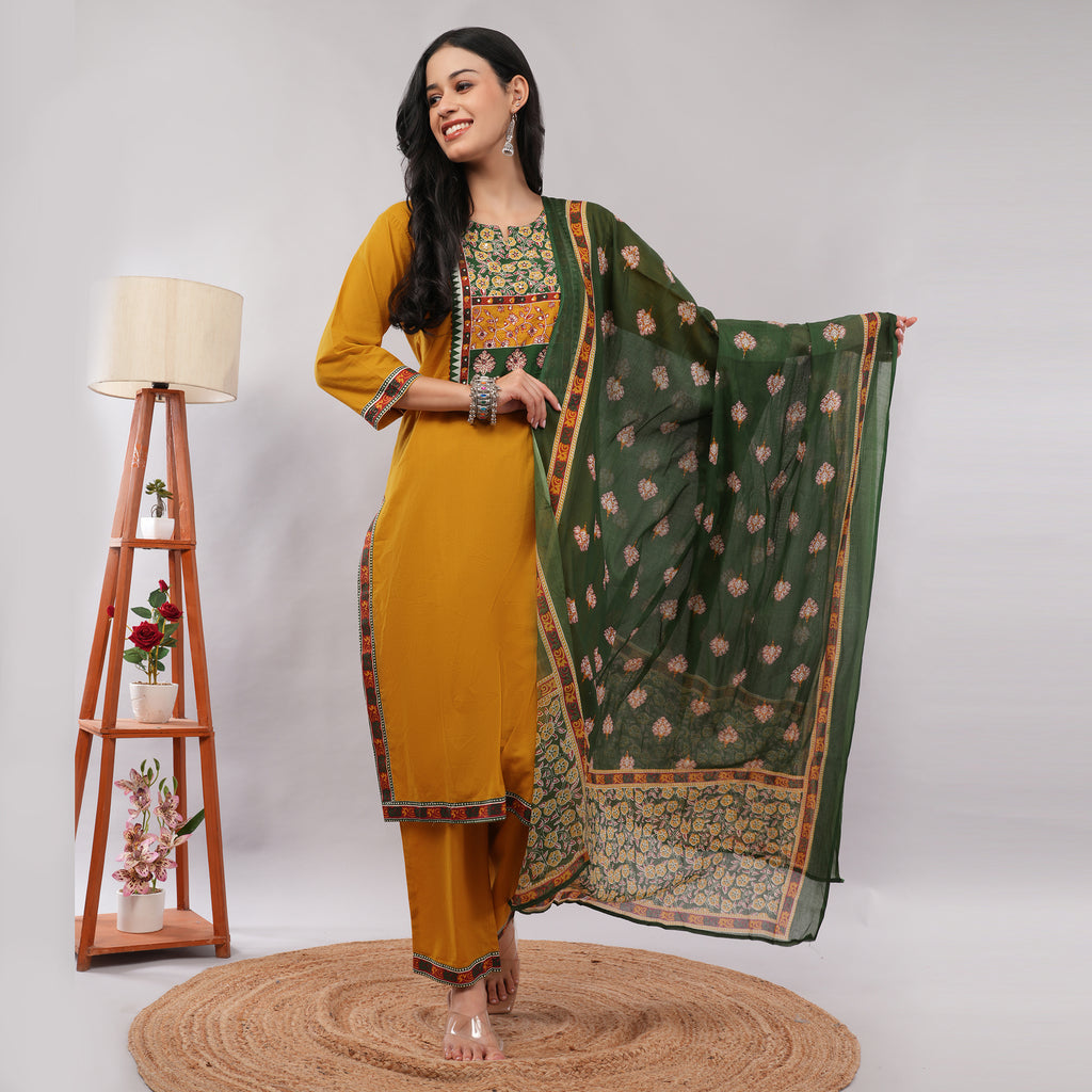 Yellow Cotton Kantha Printed Kurta Pant Dupatta Set – Traditional Ethnic Wear | Amarcharkha