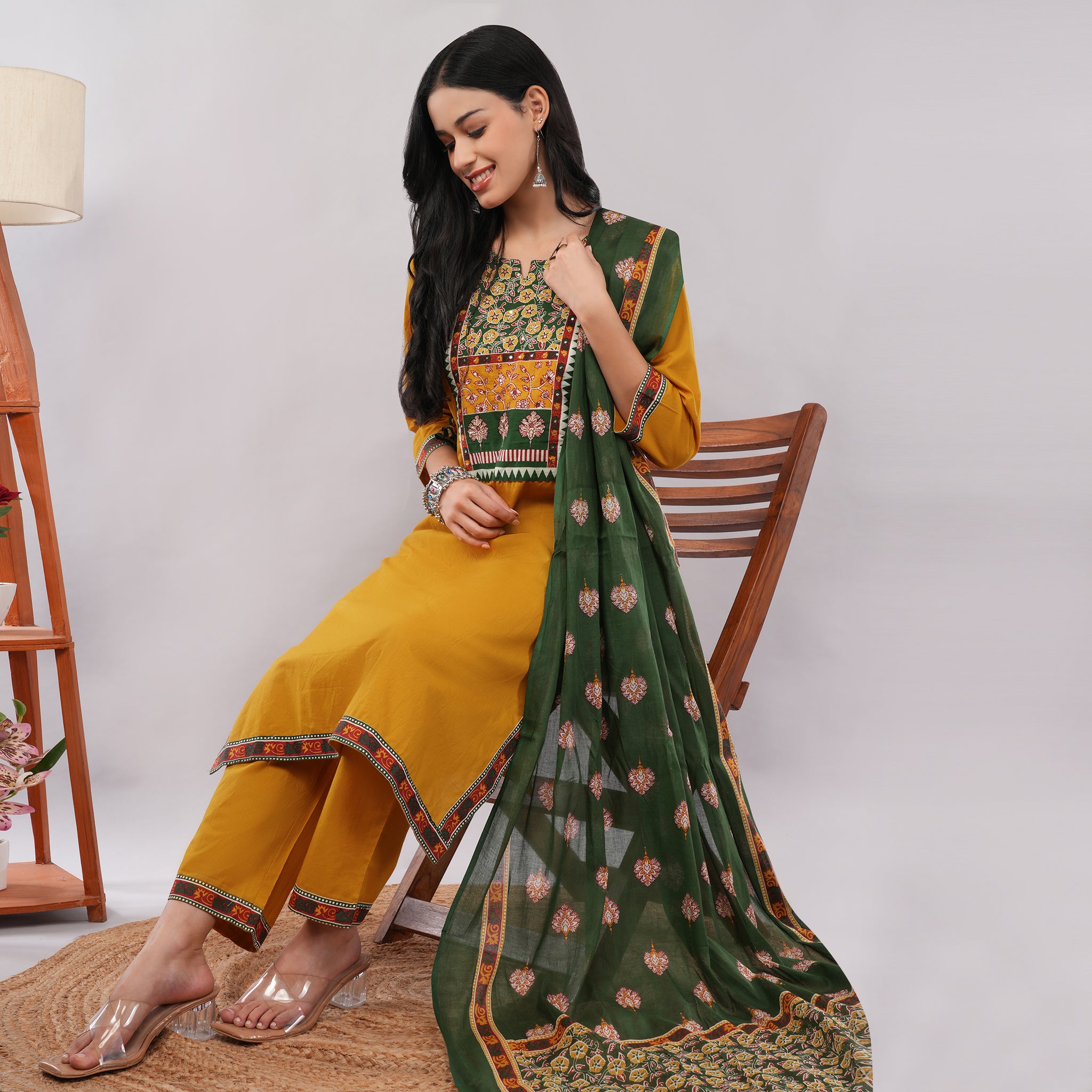 Yellow Cotton Kantha Printed Kurta Pant Dupatta Set – Traditional Ethnic Wear | Amarcharkha