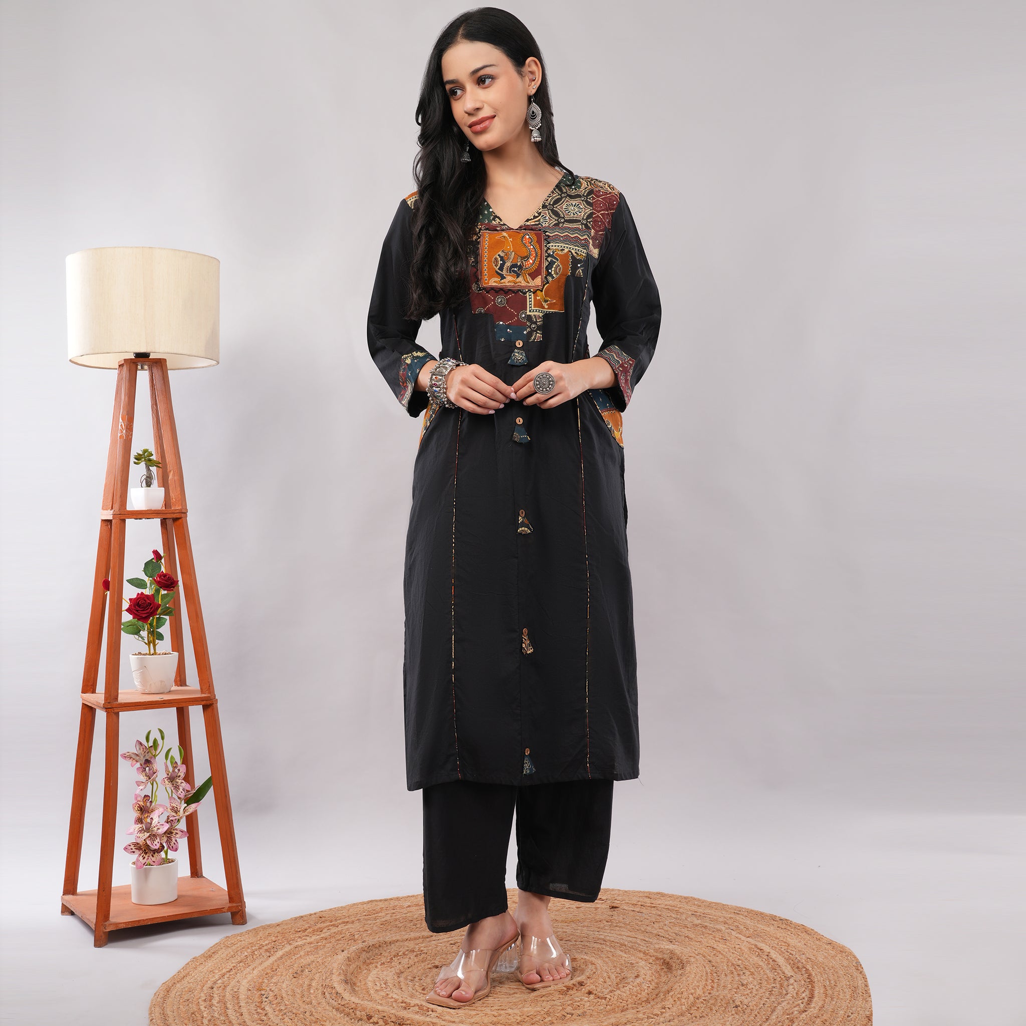 Black Cotton Multicolor Patch Work Yoke Printed Kurta Pant Dupatta Set – Artisan Ethnic Wear for Women | Amarcharkha