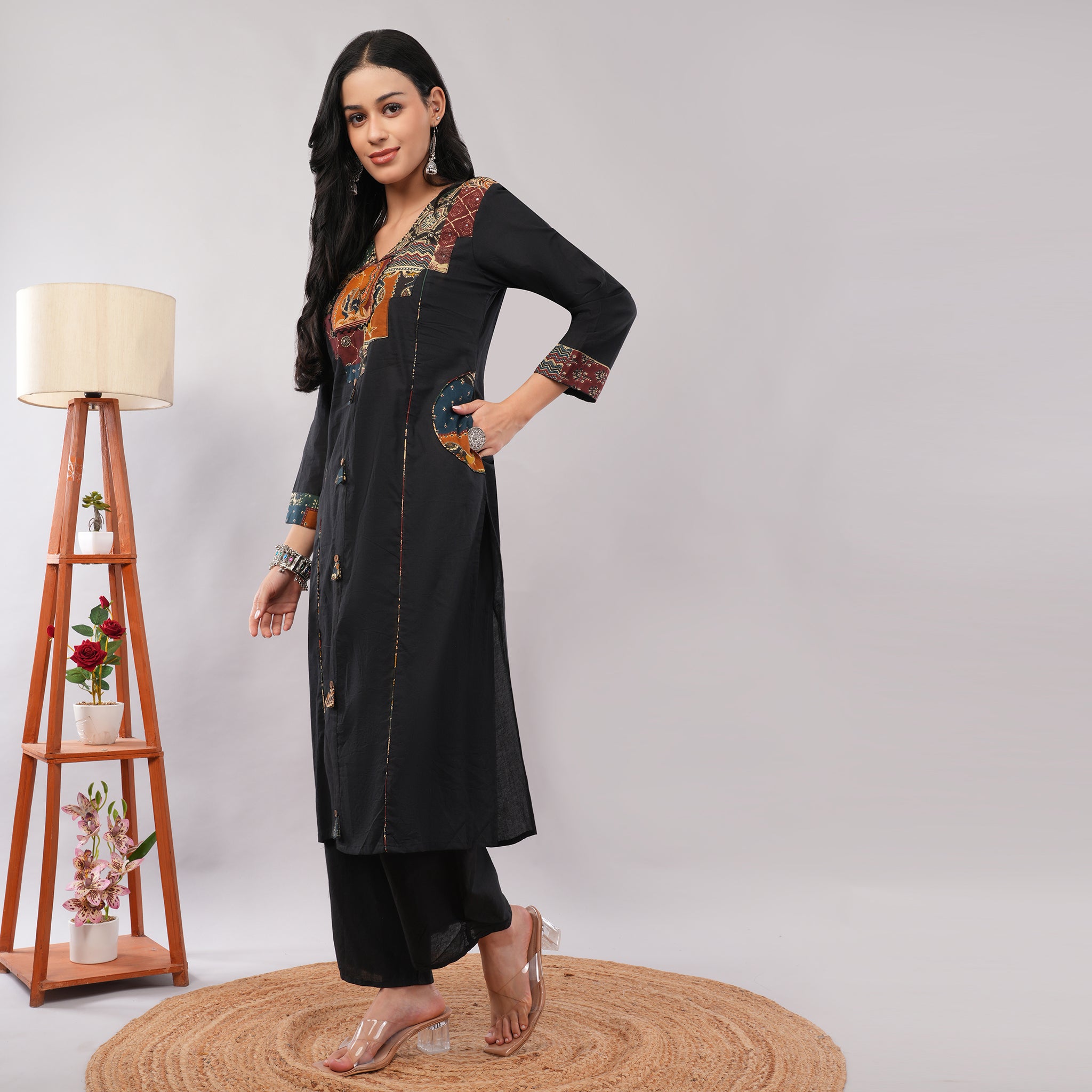 Black Cotton Multicolor Patch Work Yoke Printed Kurta Pant Dupatta Set – Artisan Ethnic Wear for Women | Amarcharkha