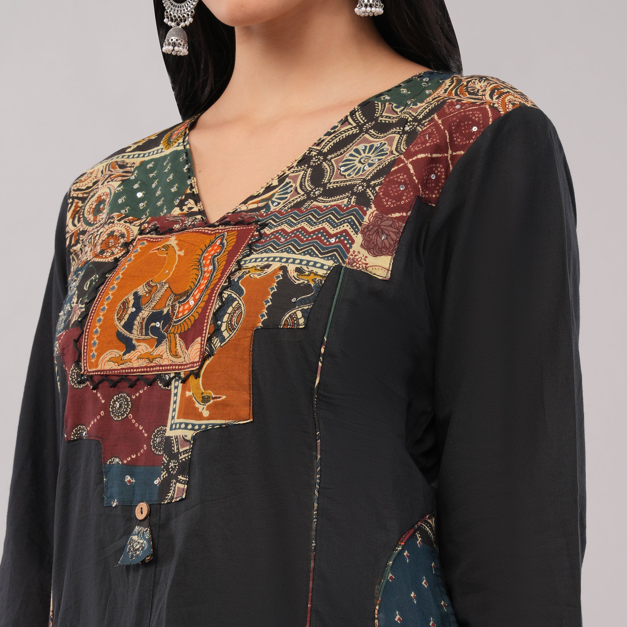 Black Cotton Multicolor Patch Work Yoke Printed Kurta Pant Dupatta Set – Artisan Ethnic Wear for Women | Amarcharkha