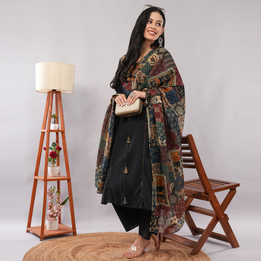 Black Cotton Multicolor Patch Work Yoke Printed Kurta Pant Dupatta Set – Artisan Ethnic Wear for Women | Amarcharkha