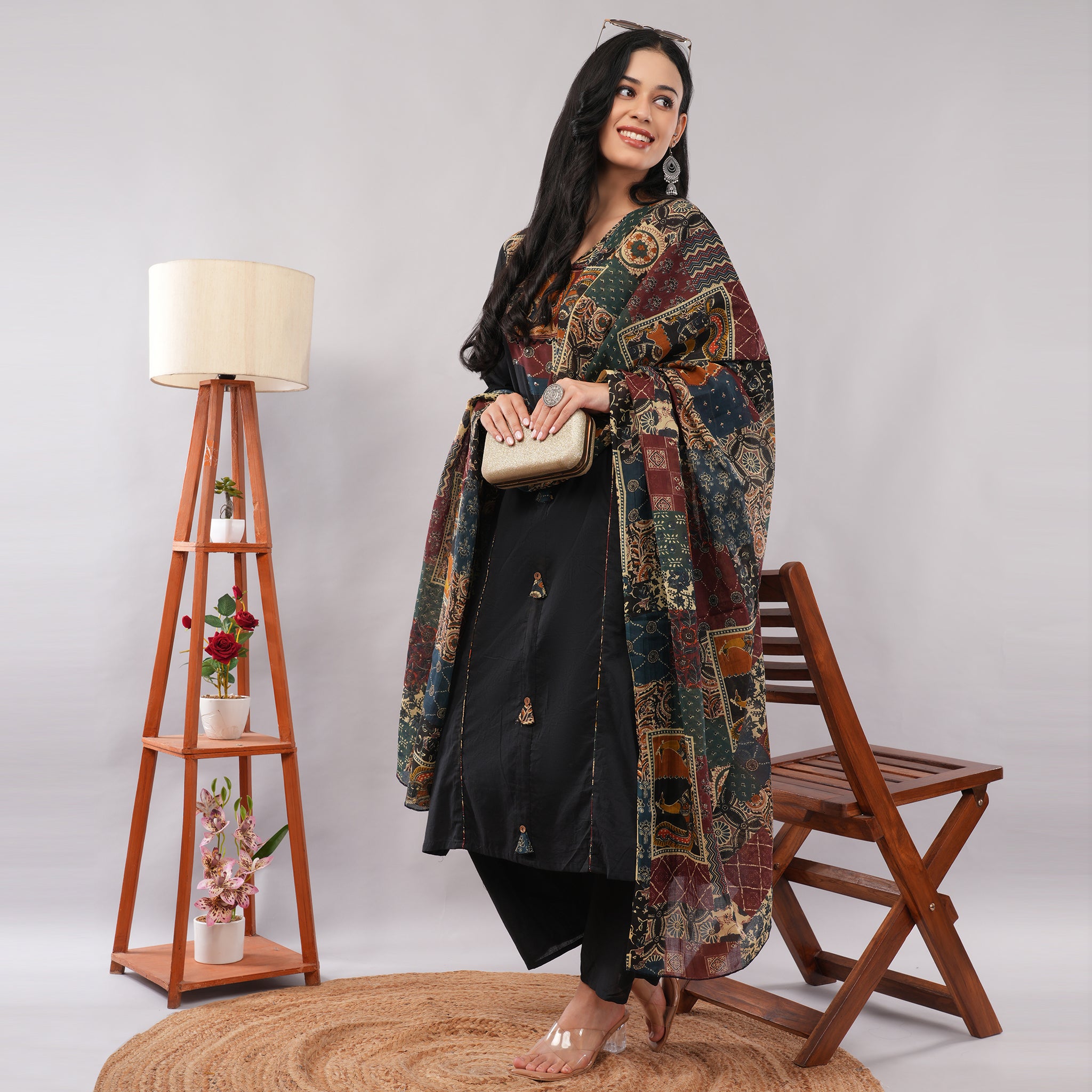 Black Cotton Multicolor Patch Work Yoke Printed Kurta Pant Dupatta Set – Artisan Ethnic Wear for Women | Amarcharkha