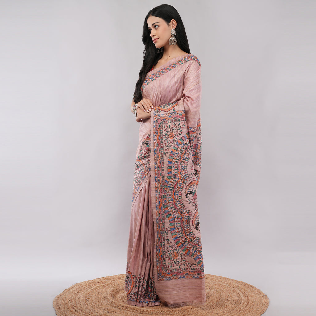Pink Ghicha Silk Madhubani Hand Painted Saree with Blouse Piece – Village Artisan Crafted Traditional Indian Saree | Amarcharkha