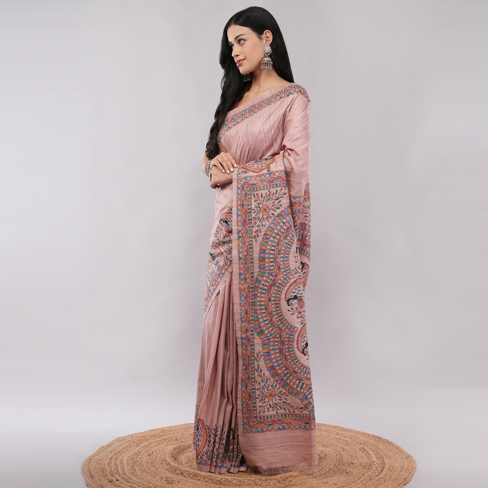 Pink Ghicha Silk Madhubani Hand Painted Saree with Blouse Piece – Village Artisan Crafted Traditional Indian Saree | Amarcharkha