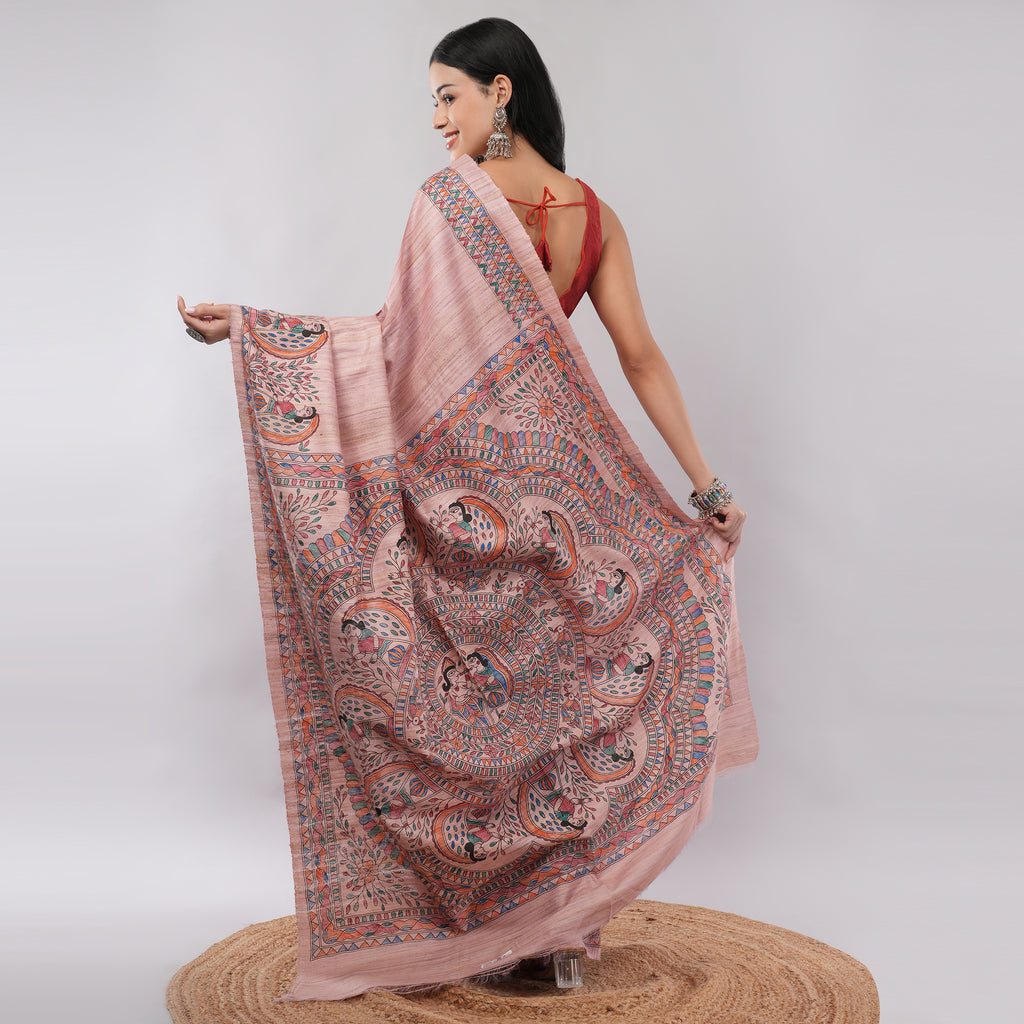 Pink Ghicha Silk Madhubani Hand Painted Saree with Blouse Piece – Village Artisan Crafted Traditional Indian Saree | Amarcharkha